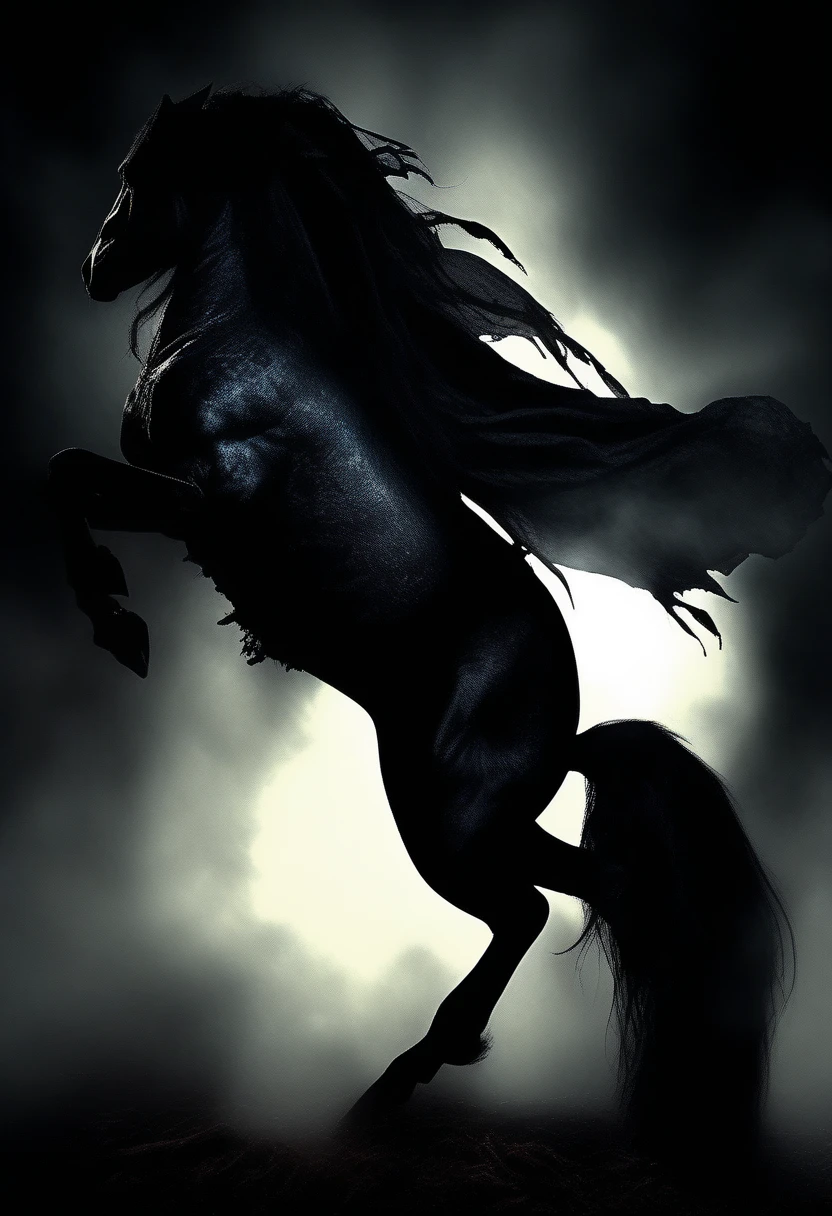 Legendary horse of the headless horseman the horse is dark black with shadows coming out of it majestic gloomy incredible details the horse gives off an aura in the form of disturbing black fog incredible decorations on the horse of skulls and evil effects black horse of shadows full of evil sinister look serious improve image quality ultra image resolution the horse represents death itself with its gait