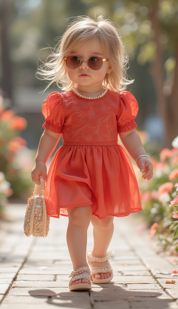 full standing image of a white kid girl holding a red ballon and wearing a dress and shoes  looking directly back to the viewer