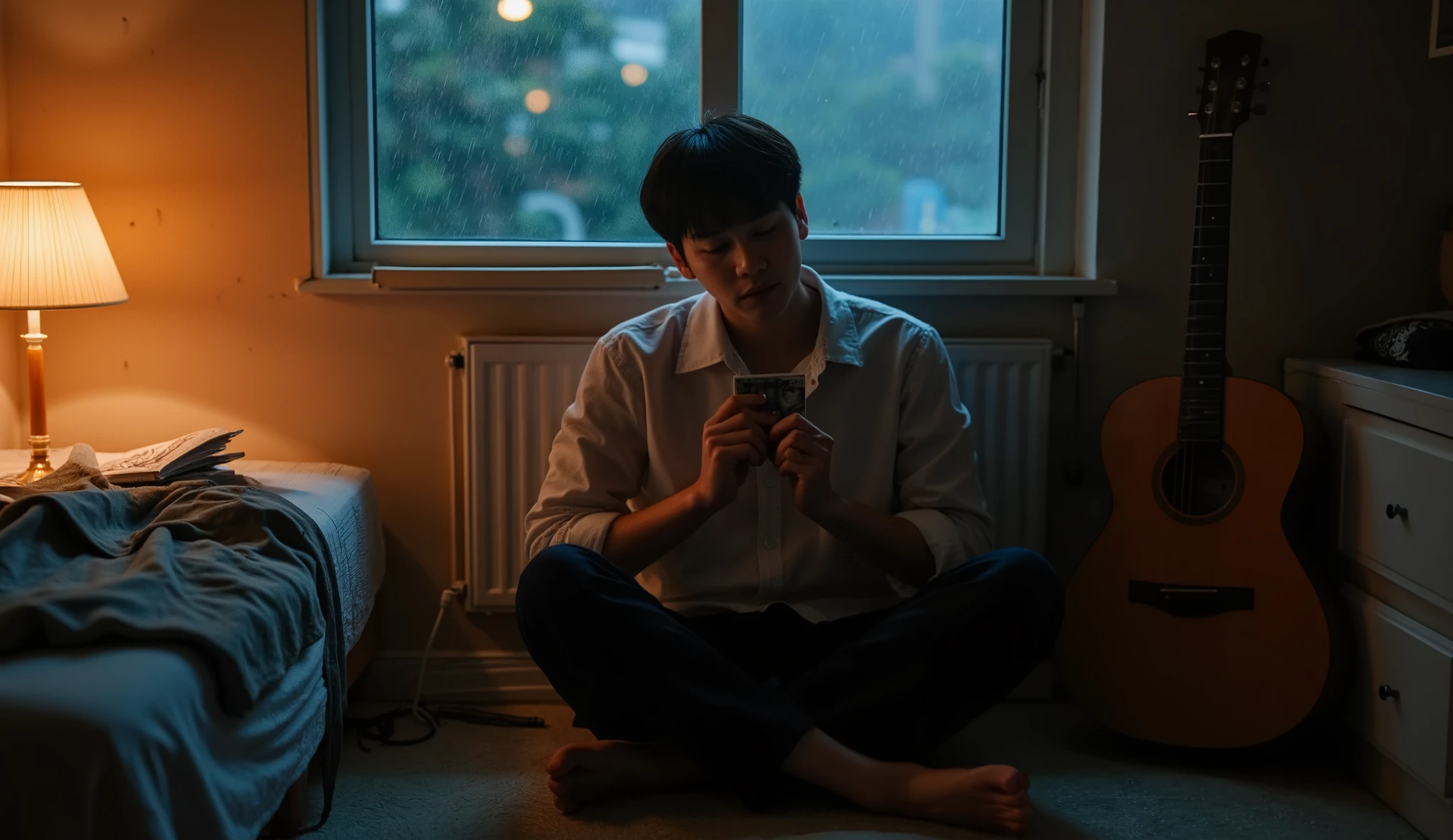 "A lonely young man sitting alone on the floor in a small, dimly lit bedroom at night, surrounded by memories of a past love. He holds an old, slightly faded photograph close to his chest, eyes closed, lost in thought. A soft desk lamp casts a warm orange glow, contrasting with the cool blue light of rain gently falling outside the window. On a nearby bed lies a shirt that belonged to someone he used to love, untouched. A guitar leans against the wall, and a notebook with lyrics or scribbled emotions rests open beside him. The mood is deeply melancholic, nostalgic, and cinematic, resembling a scene from a Korean drama, with soft focus, shallow depth of field, and emotional tension in the air."