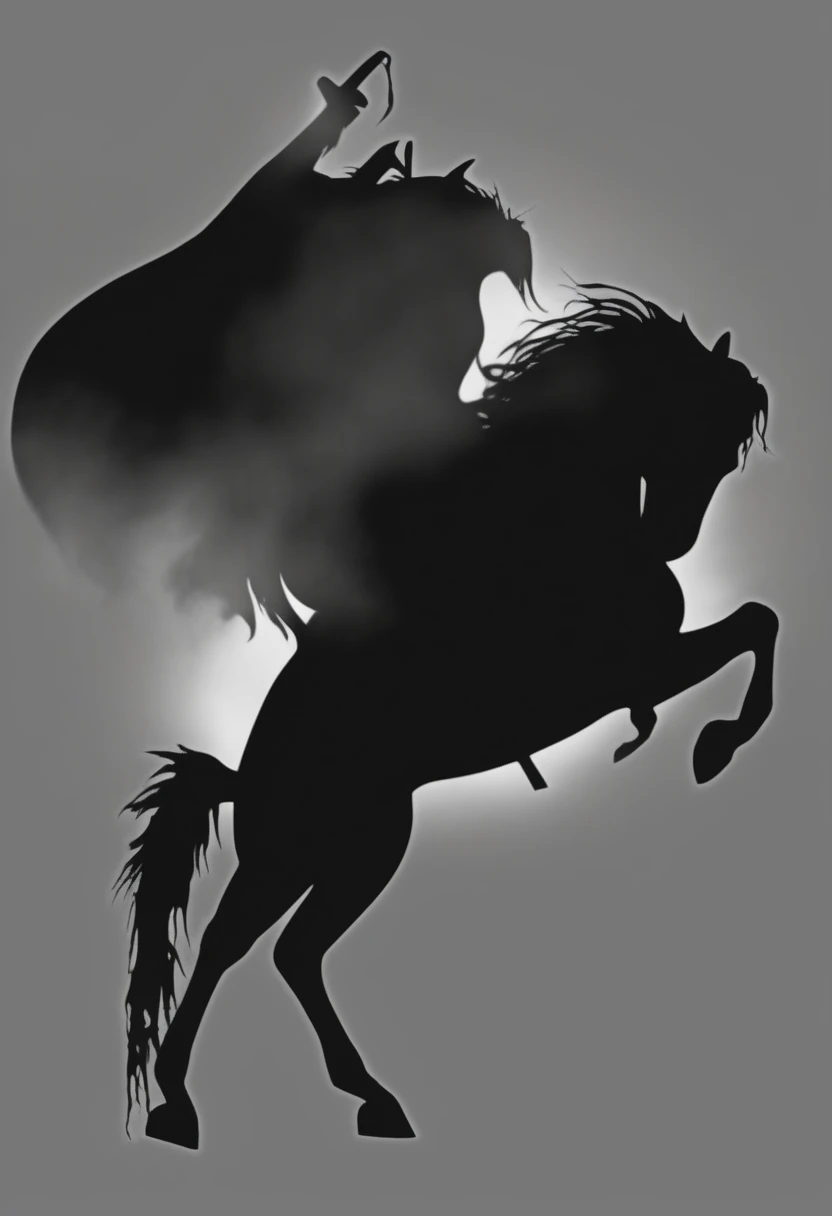 Legendary horse of the headless horseman the horse is dark black with shadows coming out of it majestic gloomy incredible details the horse gives off an aura in the form of disturbing black fog incredible decorations on the horse of skulls and evil effects black horse of shadows full of evil sinister look serious improve image quality ultra image resolution the horse represents death itself with its gait
