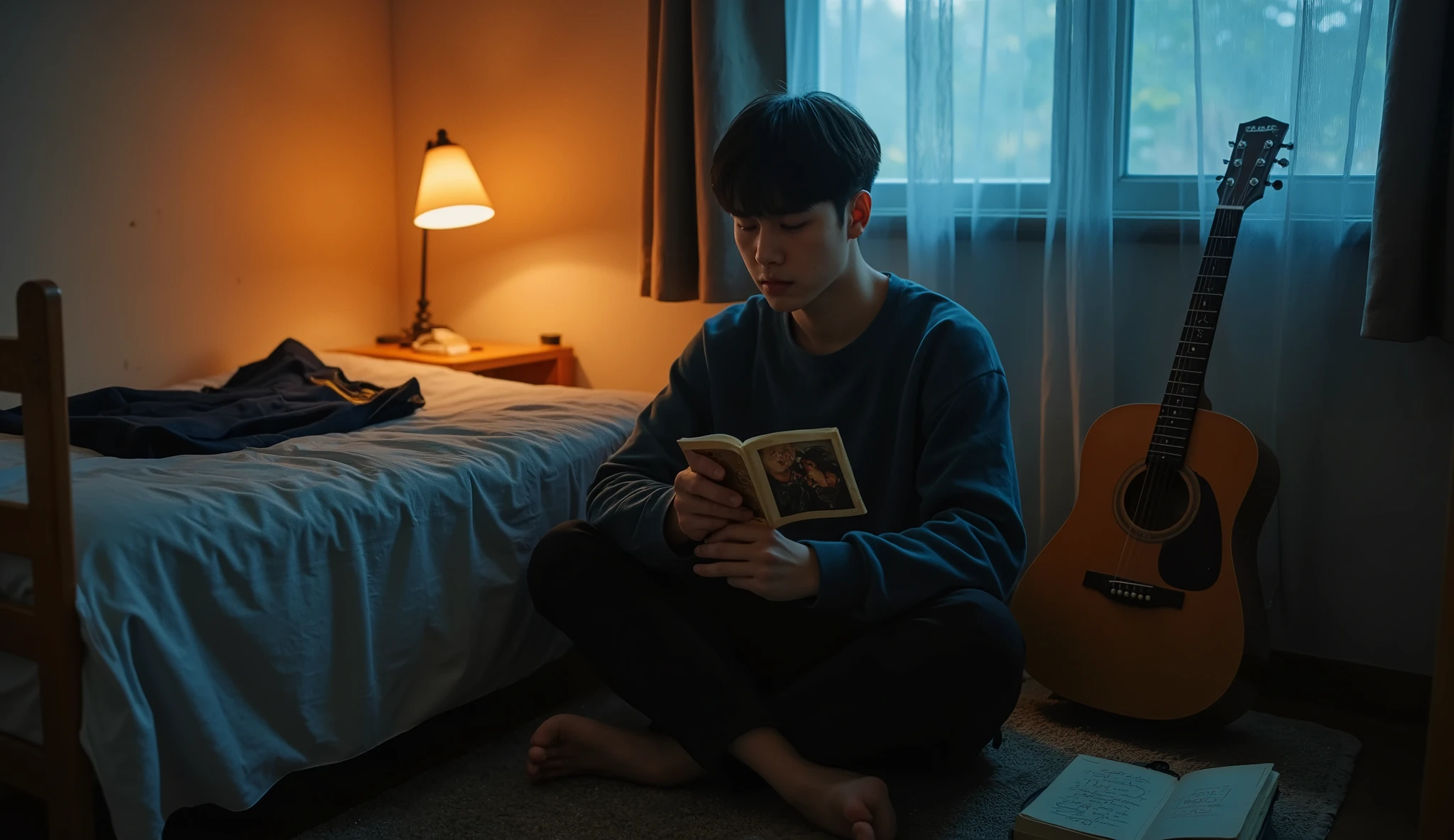 "A lonely young man sitting alone on the floor in a small, dimly lit bedroom at night, surrounded by memories of a past love. He holds an old, slightly faded photograph close to his chest, eyes closed, lost in thought. A soft desk lamp casts a warm orange glow, contrasting with the cool blue light of rain gently falling outside the window. On a nearby bed lies a shirt that belonged to someone he used to love, untouched. A guitar leans against the wall, and a notebook with lyrics or scribbled emotions rests open beside him. The mood is deeply melancholic, nostalgic, and cinematic, resembling a scene from a Korean drama, with soft focus, shallow depth of field, and emotional tension in the air."