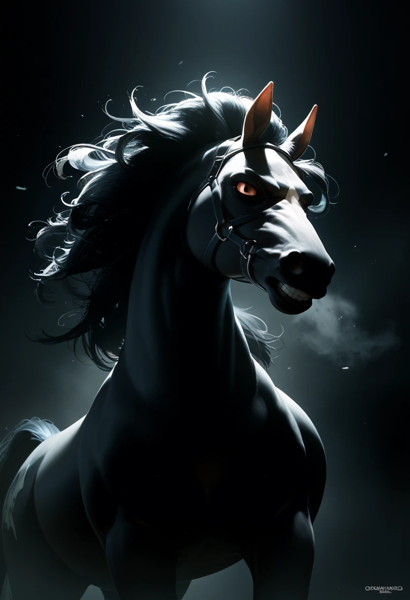 Legendary horse of the headless horseman the horse is dark black with shadows coming out of it majestic gloomy incredible details the horse gives off an aura in the form of disturbing black fog incredible decorations on the horse of skulls and evil effects black horse of shadows full of evil sinister look serious improve image quality ultra image resolution the horse represents death itself with its gait