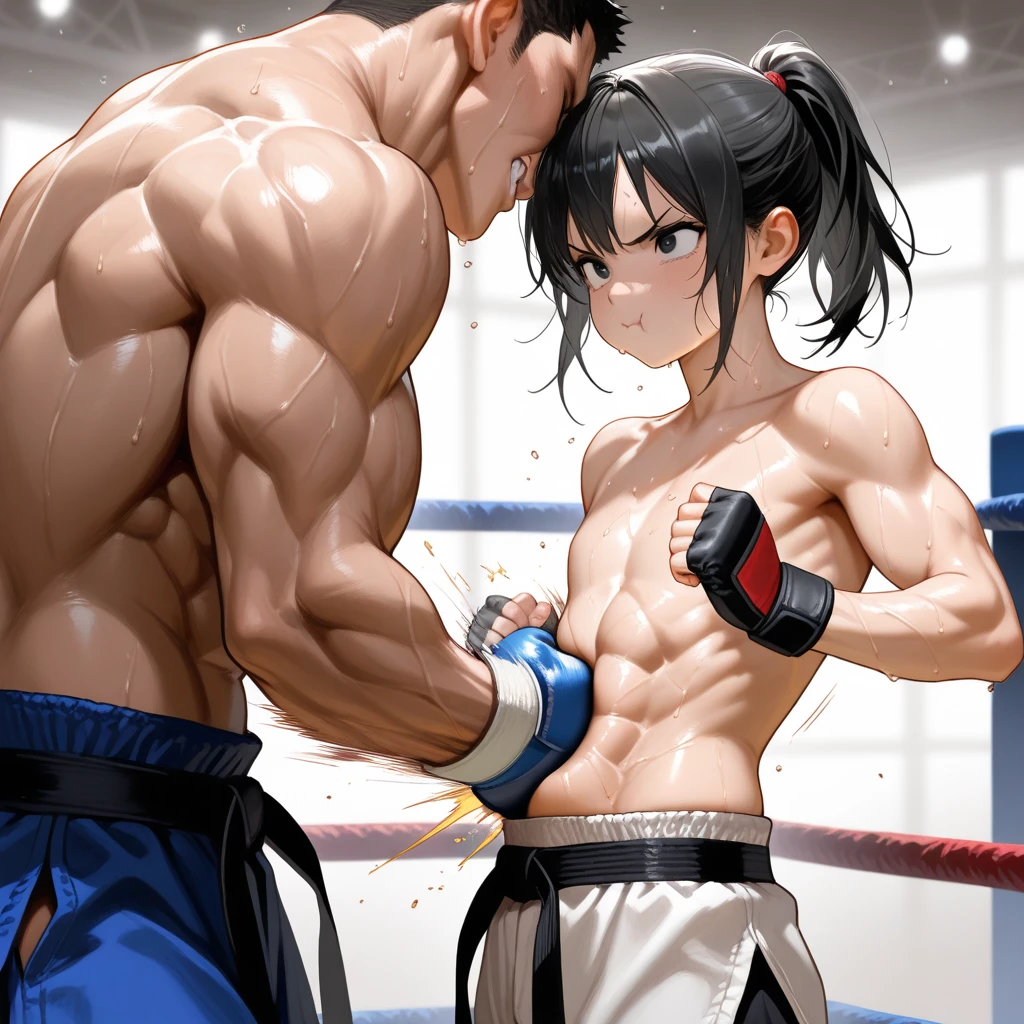 naked two cute japanese high school girl fighters are punching so hard each other in a ring. punch with all their might. dynamin action. thire body and face have bruises and blood all over her body and face. Muscular bodies. Six-pack abs. they have short-cut black hair, shortness of breath, drool from her mouth, one closed eye, exhaustion, and sweat soaked.