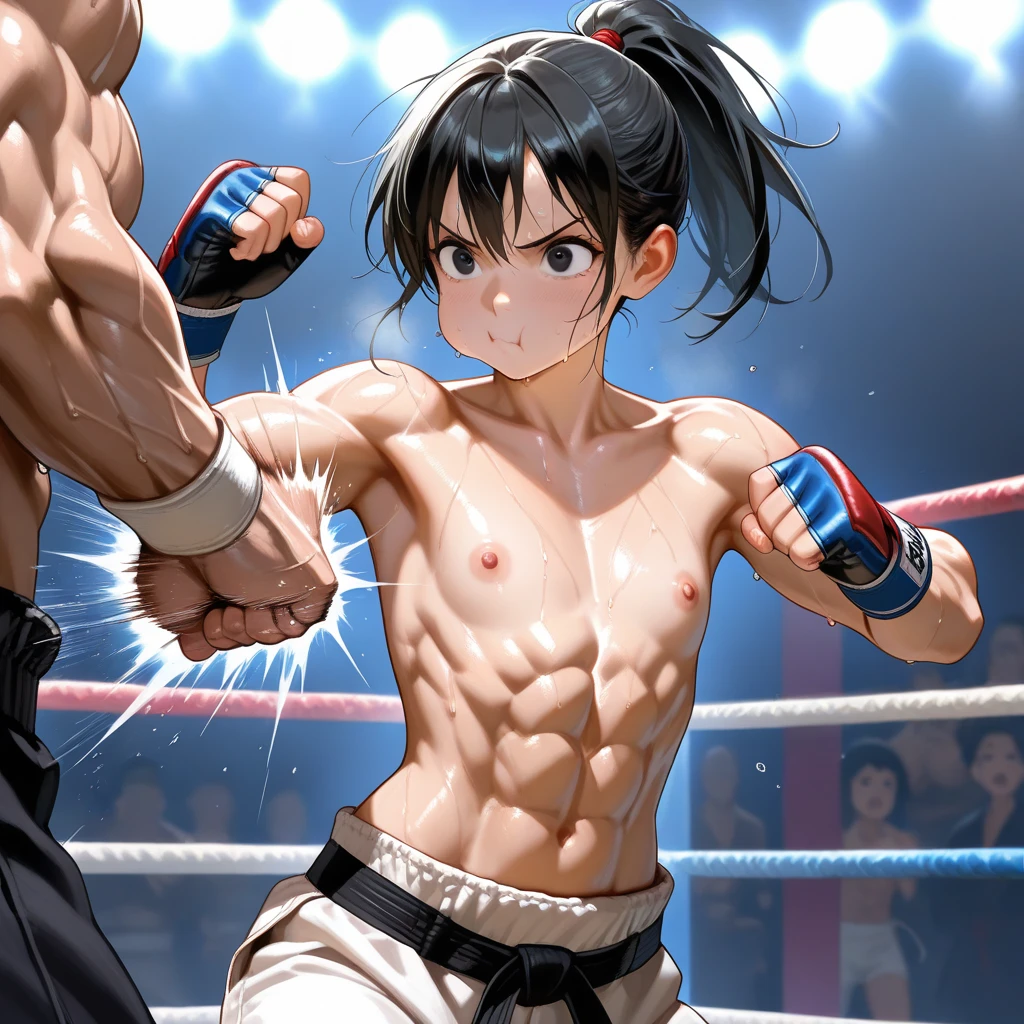 During a match with an opponent in the ring。A scene where a beautiful mixed martial artist is hit by a body blow from an opponent in the stomach.。Open your mouth wide and scream。whole body。Sweat。muscle。six pack。scratch。Bruise。shortness of breath。