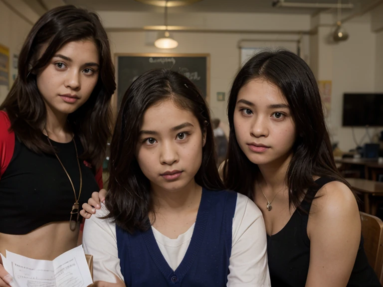 The image shows a group of women of different nationalities, ((skinny)), between 10 and 16 years old, in the classroom, ((dressed in school uniforms)), to each other and telling scary stories, 16k, highres, best quality, award winning, high quality, high details, textured skin, anatomically correct, masterpiece