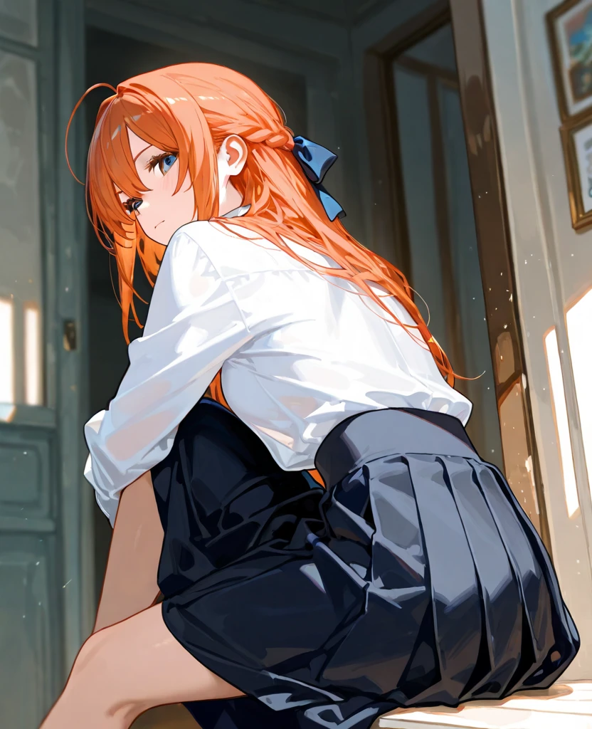 (best quality,high resolution,Beautiful and delicate eyes,White lighting:1.2),Green Eyes, Looking at the audience, Long hair, Orange Hair,leather shoes, Black footwear,White socks, blush, Long sleeve, Bangs, Open your mouth, Black Hair, skirt, Knees up, Orange hair, white skirt, Ruffles, skirt