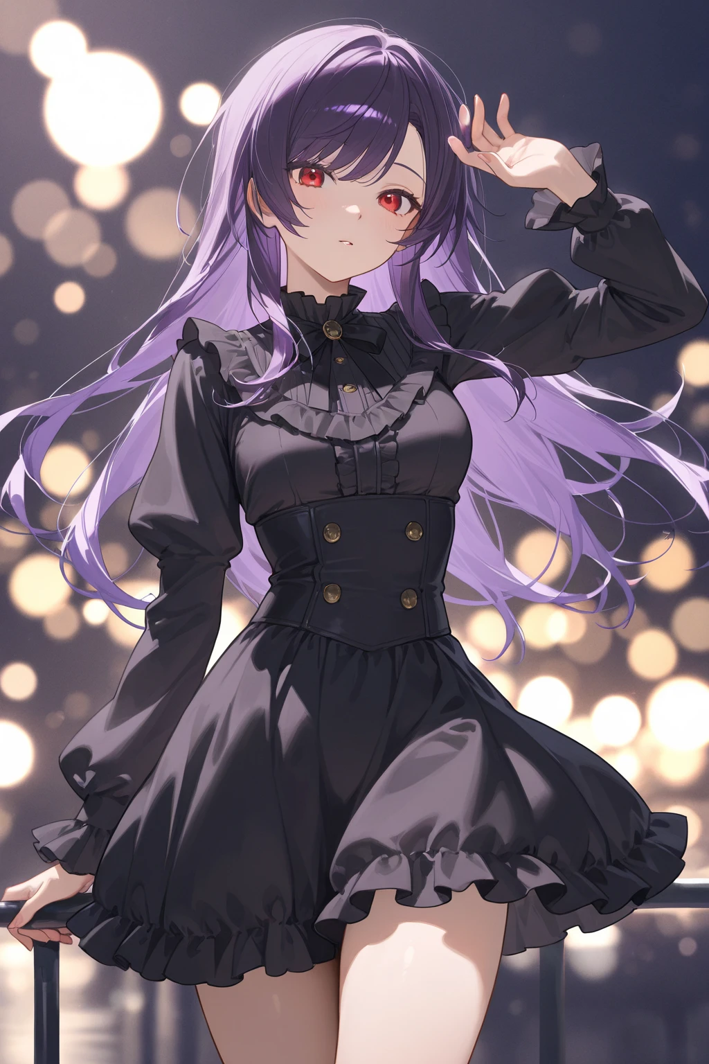 Top image quality、(((full bodyesbian))),Standing Picture、Outstanding style、beauty legs、Leather shoes、dynamicposes、Little Girl, Younger、Gothic lolita, (((light purple hair))), Purple eyes, (mascara), Blunt bangs, ((hair over eyes)), Long hair, mixed pink hair、pink mesh color、medium breasts, frilld, Bun、Black clothes、White bread cover、(((white bun hair accessory cover))),white frills, Black theme, ((Black cheongsam)), faithfully, (((Eye focus))), (((a smile))), the background is blurred, Empty eyes, Black theme、view the viewer, (((Night))), (((hair adornments))), neatly cut bangs、Arms behind your back、slouch