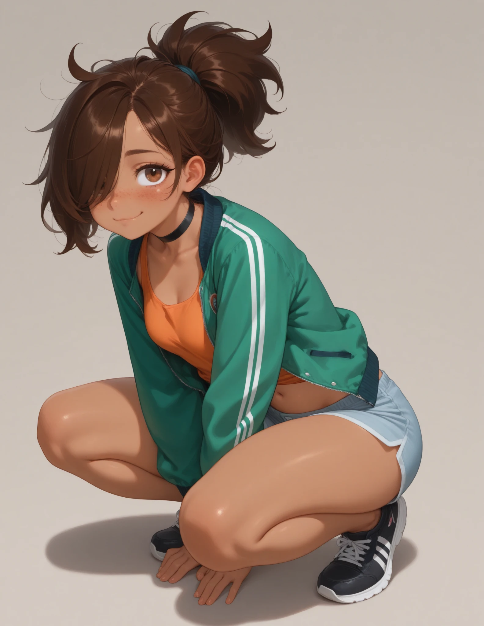 1girl,  angry, curly hair, looking at viewer,(beautiful detailed blue eyes), (Persona), squatting, spread legs,amagi_yukiko, (track suit pants), (hand on hips), (from below:1.1), (line off), full body View, fantasy outdoor