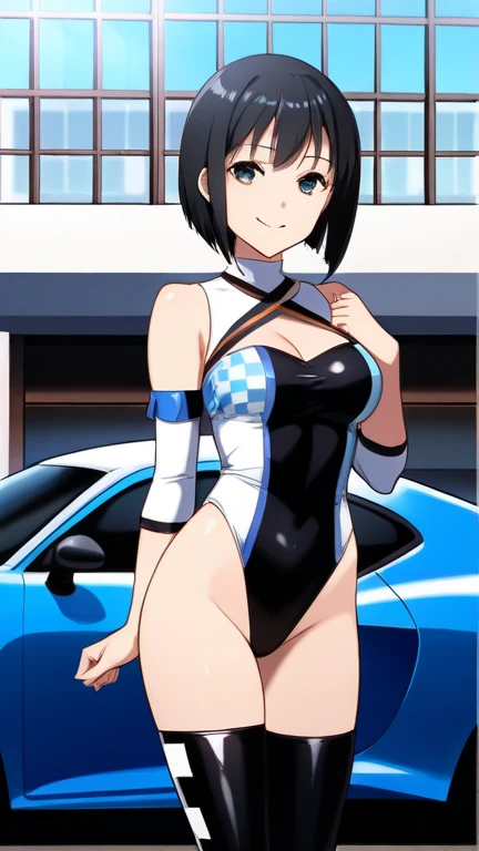 1girl, black hair, short hair, ponytail, long ponytail, blue eyes, large breasts, thick thighs, toned, hourglass figure, serious, blue jacket, one-piece swimsuit, competition swimsuit, white one-piece swimsuit, police hat, police, neon, neon trim, futuristic, science-fiction, machinery, tech, car, race queen, sports car, police car, cleavage cutout,