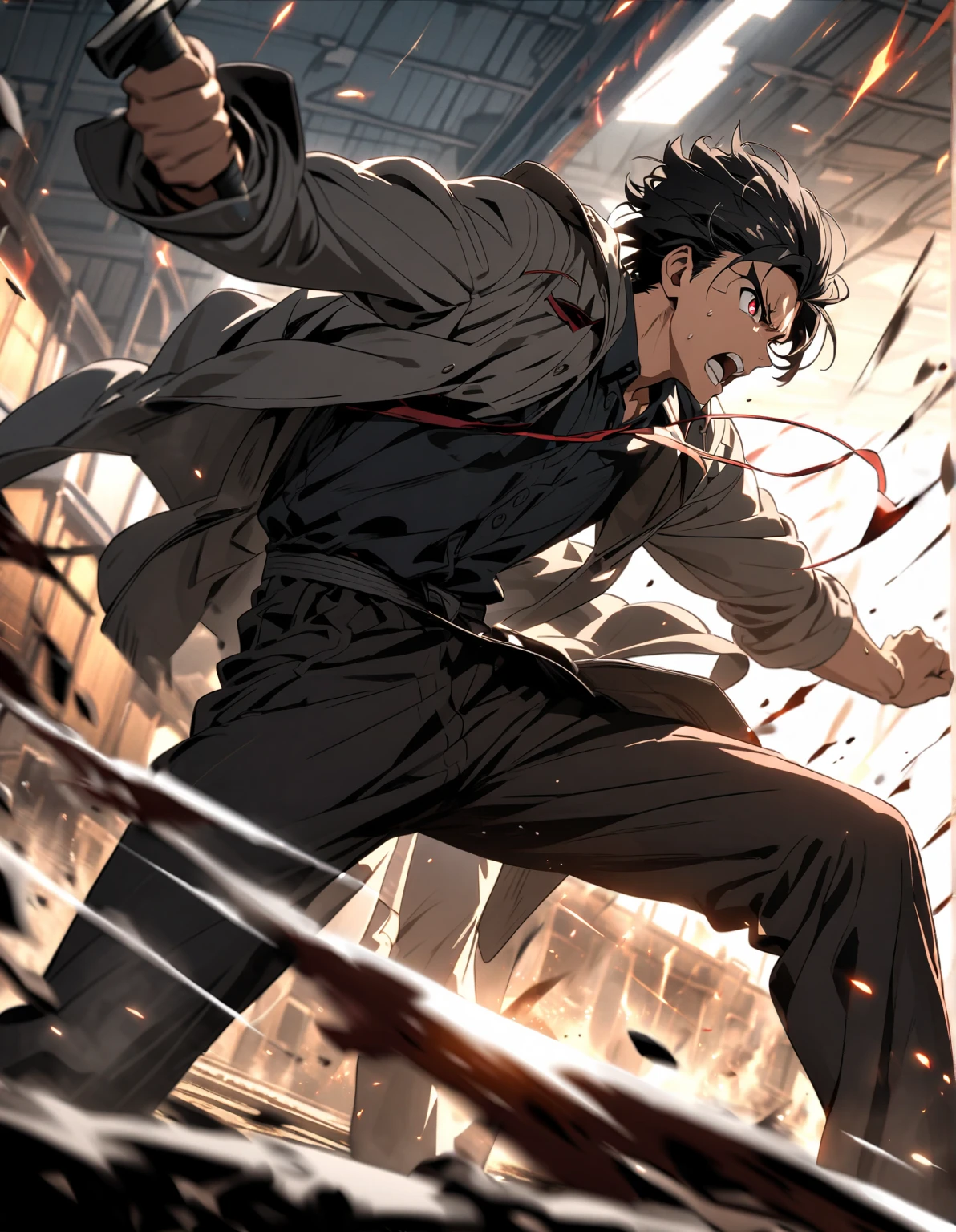 is a tall man with a lean muscular build, with fair skin, thin, rectangular dark gray eyes, and white pupils. He also had black hair just past his shoulders, worn and swept away from his face. His attire consists of a tattered white dress shirt with an upturned collar and cuffs, black pants, low-heeled boots, and a long, amorphous red overcoat with a burgundy highlight that flares out into ragged ends.