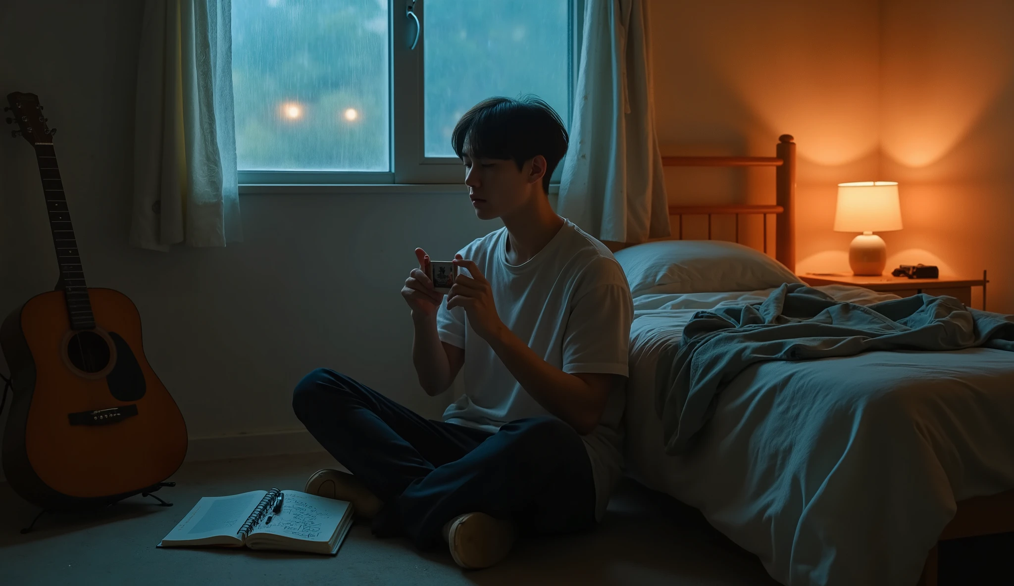 "A lonely young man sitting alone on the floor in a small, dimly lit bedroom at night, surrounded by memories of a past love. He holds an old, slightly faded photograph close to his chest, eyes closed, lost in thought. A soft desk lamp casts a warm orange glow, contrasting with the cool blue light of rain gently falling outside the window. On a nearby bed lies a shirt that belonged to someone he used to love, untouched. A guitar leans against the wall, and a notebook with lyrics or scribbled emotions rests open beside him. The mood is deeply melancholic, nostalgic, and cinematic, resembling a scene from a Korean drama, with soft focus, shallow depth of field, and emotional tension in the air."