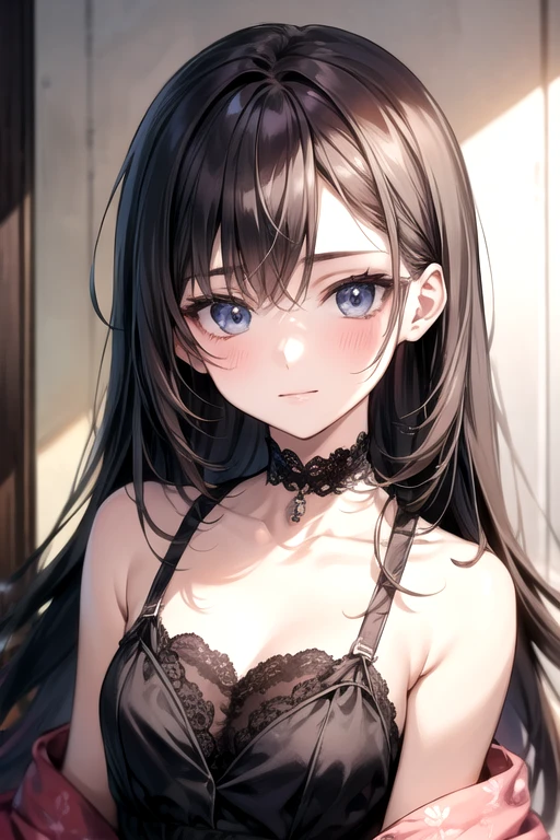best quality, highres,Slender、Brown eyes、tall、Black Hair、(Long Hair:1.3),(Straight Hair:1.3)、7 lifespan、Black Bra、slouch、Looking up