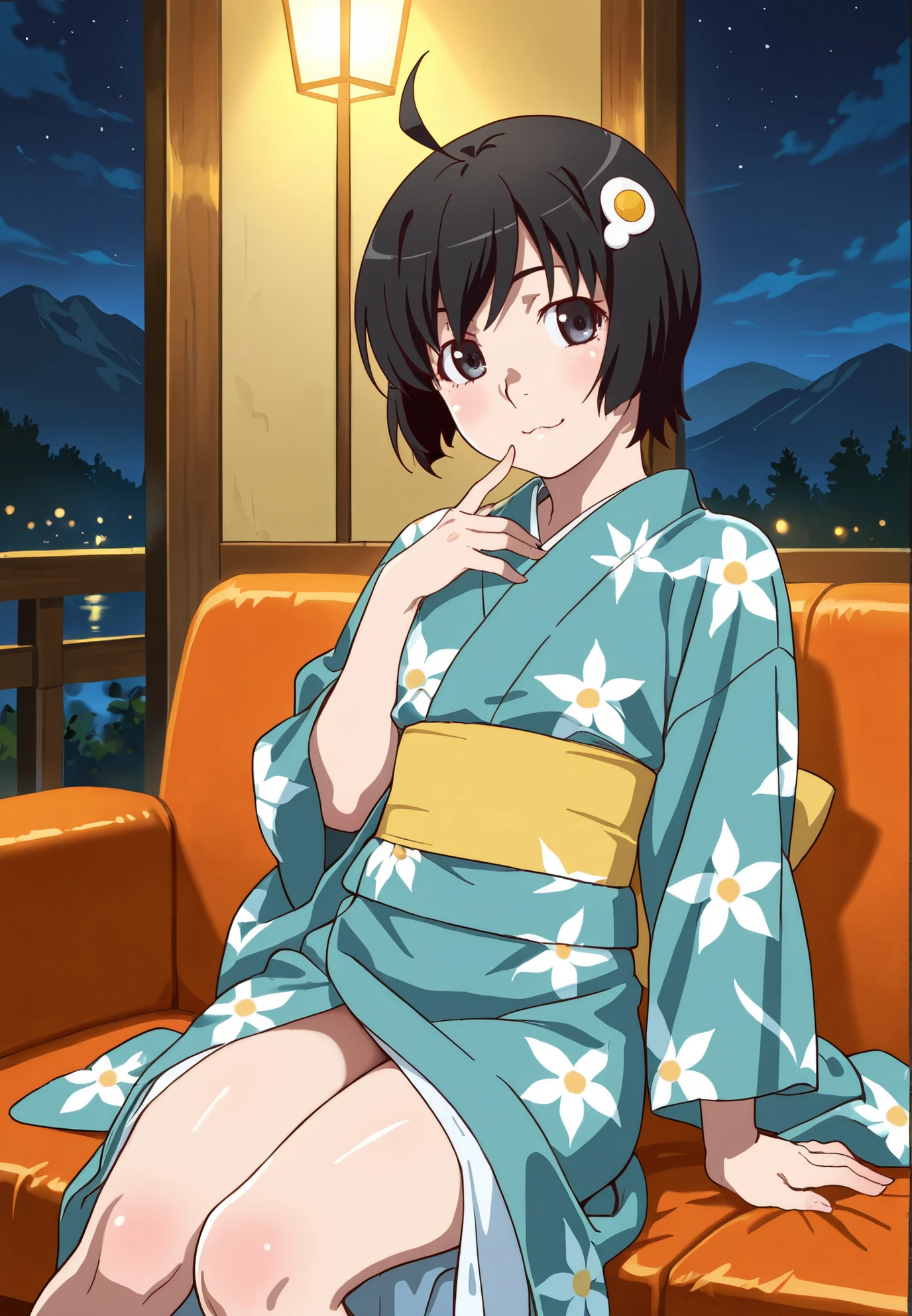 One Woman、NSFW(Terrified face:1.2)Black short hair、、uniform、Bare your chest、Red underwear、touch the clitoris、Wariza sitting、1girl, solo, araragitsukihi, , hair ornament, ahoge, japanese clothes, egg hair ornament, smile, upper body shot,