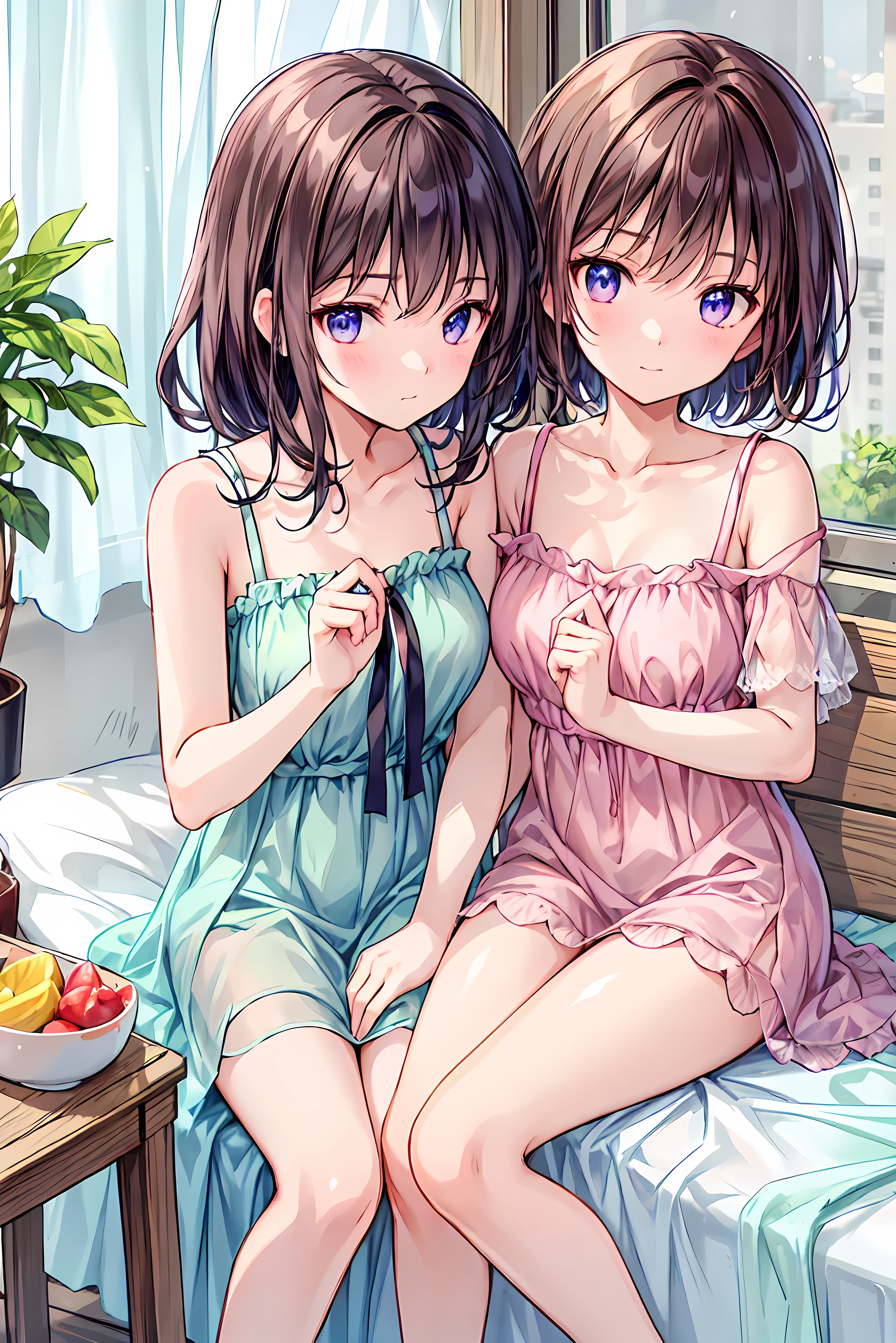 Cute sexy girl, The brunette is tied into two medium ponytails, Suggestive sexy eyes, dark brown colored eyes, small-nose, red open suggestive lips, Blushing terribly, coll, 鎖骨, Oversized purple T-shirt, Bare shoulders, medium chest circumference, Chopping, Wide hips, pink short, Thigh thick, pretty legs, duty posture, Lie down in bed, facing to audience, look, ???? expression, sexy for, dark chamber, A warm light