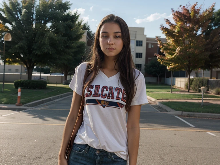 An American teenage college student, male or female, in a classic American . The background is a blurred image of an American campus, and the student is looking directly at the camera.