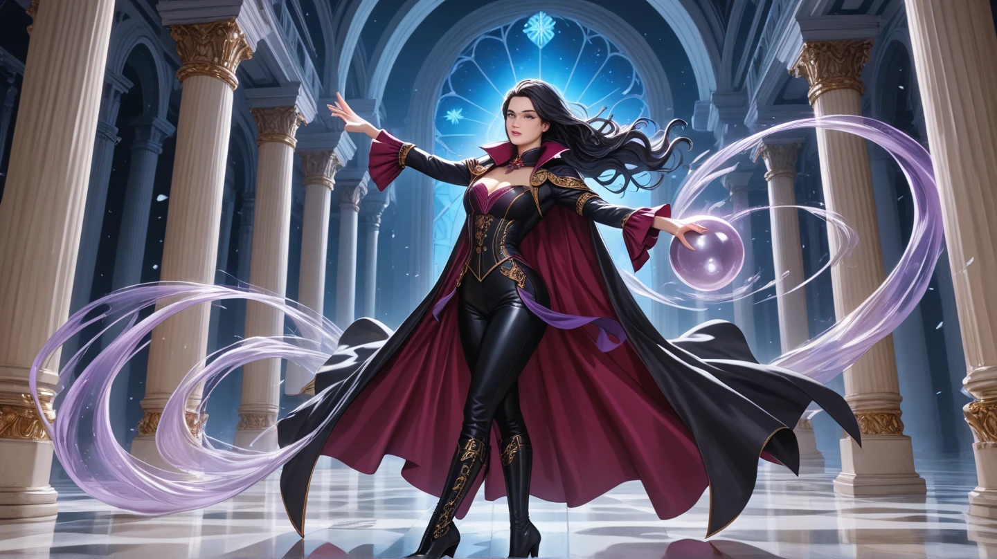 A beautiful sorceress with flowing ebony hair and piercing emerald eyes