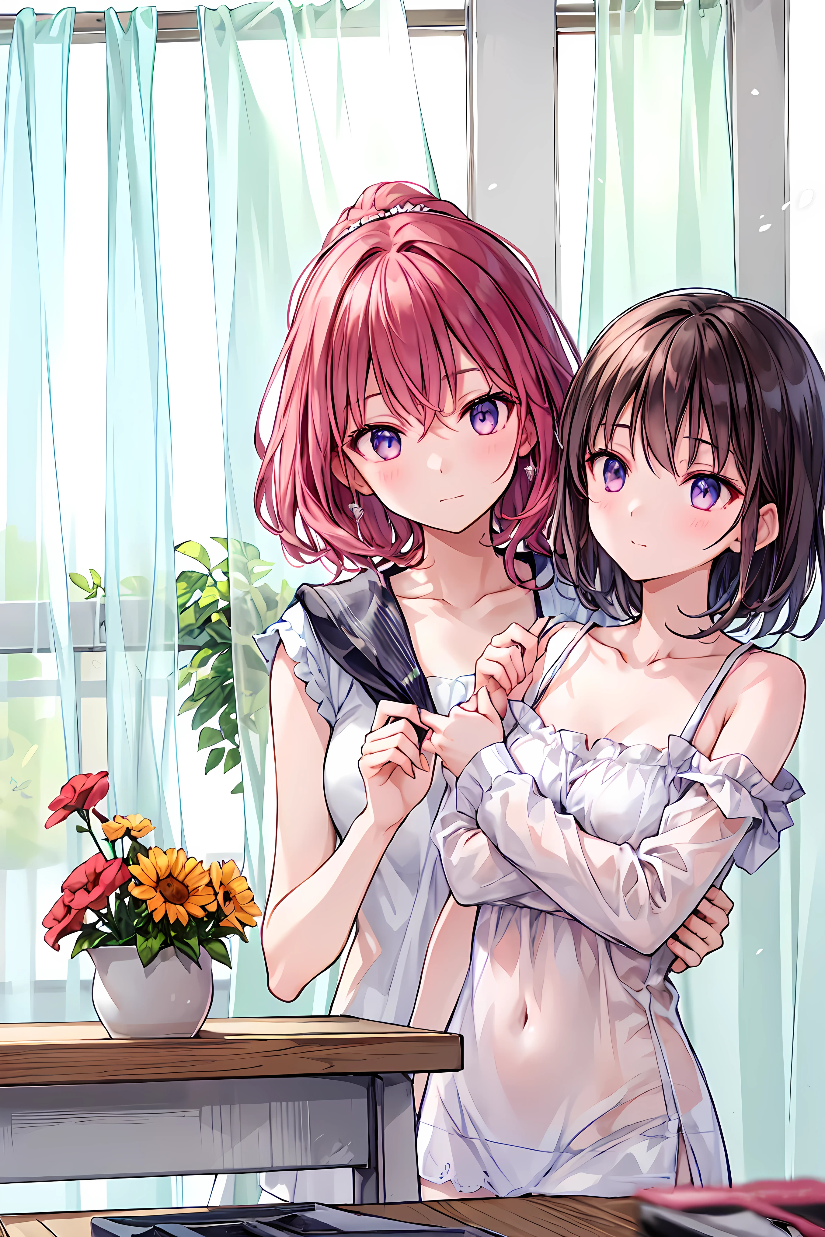 (masterpiece), classroom, light particles, 2girls, short hair, purple hair, (pink eyes:1.2)
