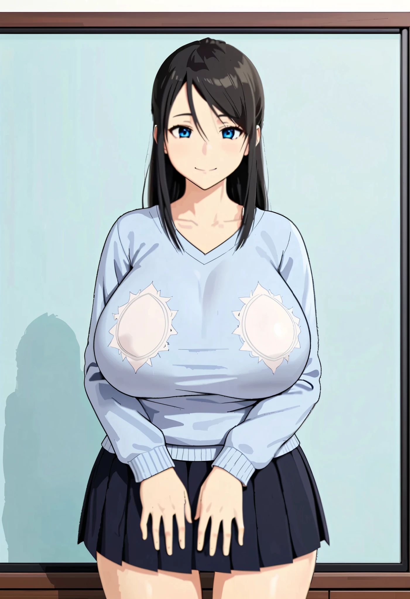 standing pose, using casual t shirt, black short pants, at ????????? store, NJAkiV4, takeda hiromitsu style, anime cels style, best quality, high resolution, (????????????????:1.3), cowboy shot, blush, (light smile), (purple eyes), blue hair, long hair, mature women