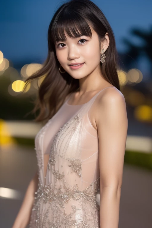 One girl, (Wearing a light evening dress:1.8),(RAW Photos, Highest quality), (Realistic, photo-Realistic:1.4), masterpiece, Very delicate and beautiful, Very detailed, 2k wallpaper, wonderful, In detail, Very detailed CG unity 8k wallpaper, Very detailed, High resolution, Soft Light, Beautiful detailed girl, Very detailed eyes and face, Beautifully detailed nose, Beautiful attention to detail,Cinema Lighting,(Night in the City:2.0),(Night city view:1.6),Perfect Anatomy,(Slender body:2.0),(Laughter:1.4),(Face close-up:2.4),(Please open your eyes:2.0),(View the viewer),(Front view:1.0),(Japanese young girl:1.2),Movie angle,(Wavy long hair), (Brown eyes:1.8),(Are standing:2.0)、White teeth、Big Breasts、G Cup、Heavy chest、Bouncy breasts、Sexy pose