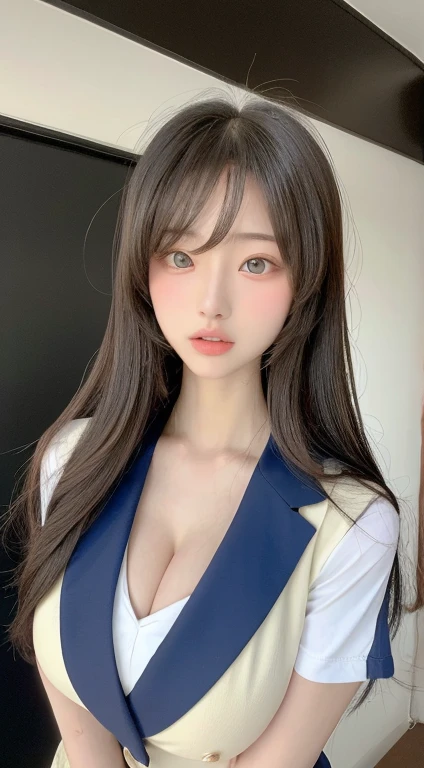 Black Hair、Brown eyes、Beauty、Gal、The front hair is up、long hair、Long eyelashes、Big Eyes、Wearing a see-through jacket、Grey checked mini skirt、Cleavage、tits、whole body、Great thighs、Beautiful legs、Beautiful abs、Slimy skin、Oily skin、White skin、Light reflecting skin、Glossy finish、Realistic details、Perfect body