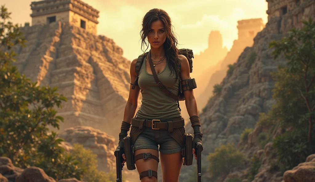 A tanned woman with very long hair stumbles through the streets of a ruined city with a naked upper body, a bleeding gunshot wound in her left shoulder and her body dripping with sweat, which slides down glistening ower her breasts. An automatic rifle in her right hand, full of mud, blood and wounds, and wearing a torn skirt. Explosions and fires ravaged the devastated city everywhere.