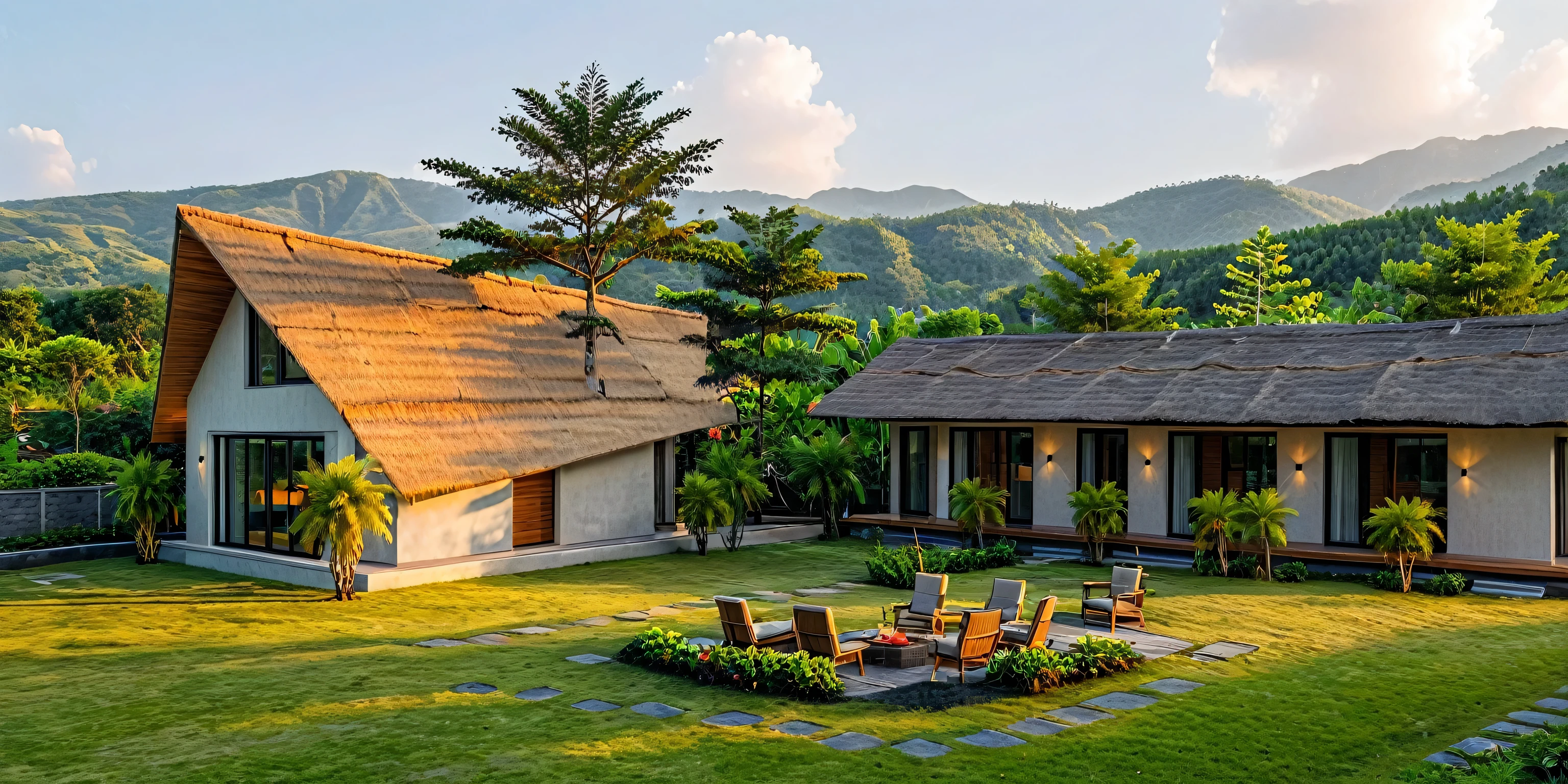 Country house, Bali island resort style,Walls are covered with earth, walls are brown, walls are painted with red earth effect,thatched roof house, palm roof, thatched roof, spotlight interior lights, Taiwanese almond tree, coconut tree, yard grass, BBQ, 8K, (day:1.1), realistic lighting,"A cozy one-story garden house with rustic wall materials and large modern glass windows. The house features a distinctive slanted roof made of artificial thatch. The walls are painted in a warm earthen yellow with textured finish. Surrounded by a wide green lawn and stone stepping paths, casting a golden glow across the landscape. Soft, warm interior lighting shines through the windows, creating a welcoming atmosphere."