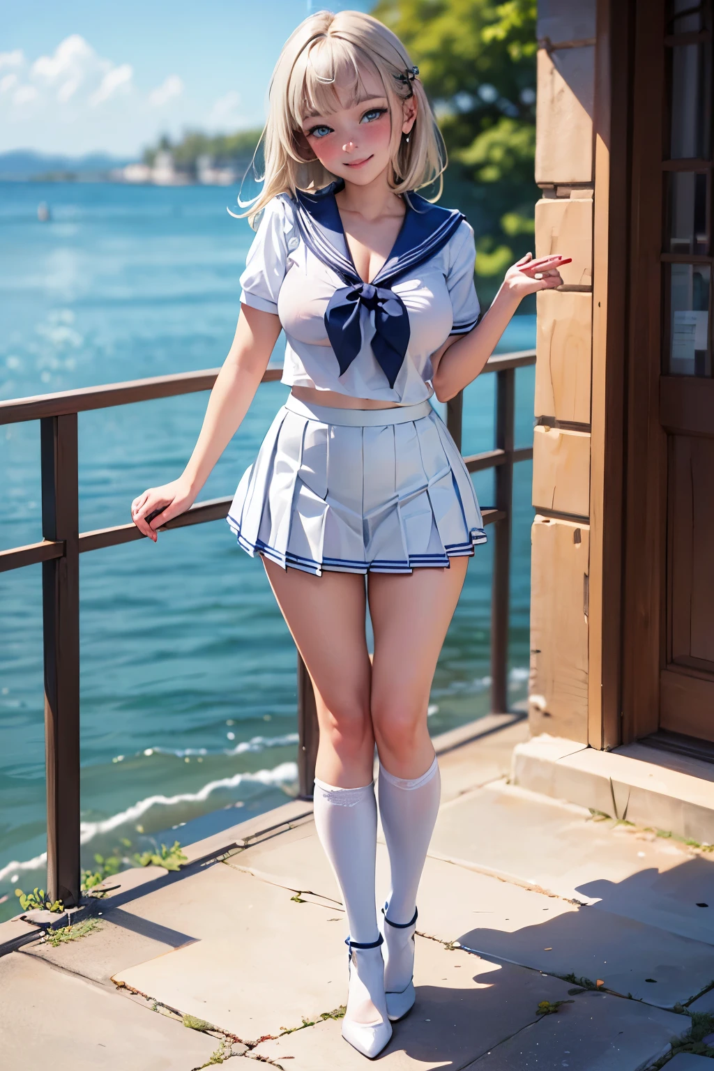 nordic white people、fjord view、Underarm pussy、No sleeve light blue sailor uniform、navy blue and white check pattern mini skirt、Floral red panties、Navel exposed、 blonde bob perm hair、Right wrist Scrunchie、big breasts Plump、red eyes、Brown loafers、lace pattern Black pantyhose