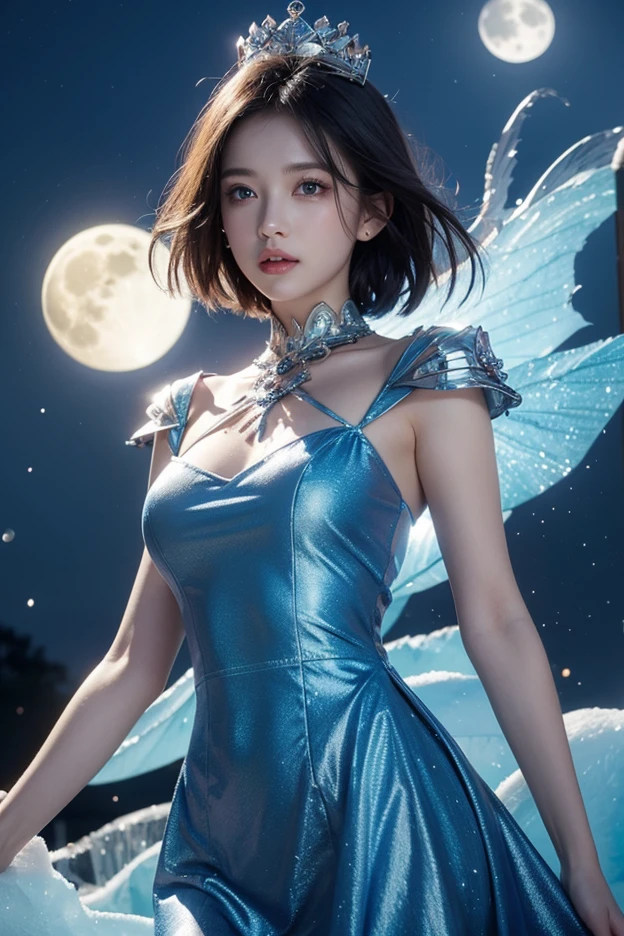 "((Masterpiece level,Best picture quality)), A high resolution,(Silver and blue clothes:1.2),Fairy air fluttering,Warm background,Fairy wings,(Scrub skin:1.2)"Black color hair,Fairy air fluttering,cropped shoulders,