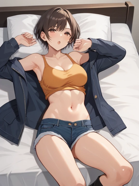 highest quality, 32k, Raw photo, incredibly Abdominal musclesurdres, Very detailed, Delicate texture, (Beautiful and beautiful eyes: 1.2), (overhead), Beautiful Face, One girl,White crop top, leather shorts, oversized leather jacket, Upper Body, Abdominal muscles,Sweat, Ahegao, Roll your eyes, blush, Drooling,body fluid,indoor, night, Sexy mole、look down、Angle from below,Big Breasts