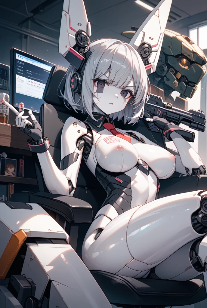 {1 female},{{{{{Tabletop++, highest quality++, Very detailed+, 超A high resolution,Expressionless, Red eyes ,clavicle, Side Lock, White hair band, Earrings, short hair(Eyes glow red :1.4))so beautiful, highest quality, Absurd, One beautiful girl, Brainwashed,}}}} Hollow Eyes, ((Huge boobs:1.1)), The shape of、(陰部The shape of))、cyber punk, Dark Lab, Dark Room,(Neon Light:1.2), (night:1.5),(Brainwashed)、(Brainwashing device and)、((Wear a futuristic head-mounted display connected to a machine on your face))、(Sitting on a futuristic chair)、((Please spread your knees)),((Low angle))Big Breasts、Voluptuous thighs