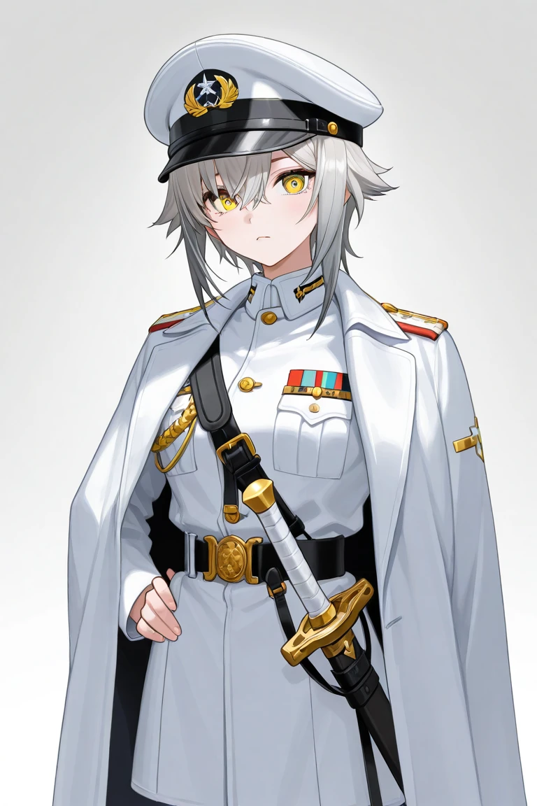 (A little girl)((Super poor milk))(White hair)(a horsetail)(Dressed in a German-style military uniform)(Wearing a German military cap)(The temperament is very domineering)(A murderous smile flowed)Stand in a military posture ,style of anime