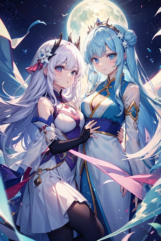 (masterpiece, best quality), best resolution, (2heads:1.5), 1girl, kokomi character, teal hair, purple eyes, extremely long hair, cute, calm, smiling, japanese armor, sword, ((holding sword)), blue flames, glowing weapon, light particles, wallpaper, chromatic aberration