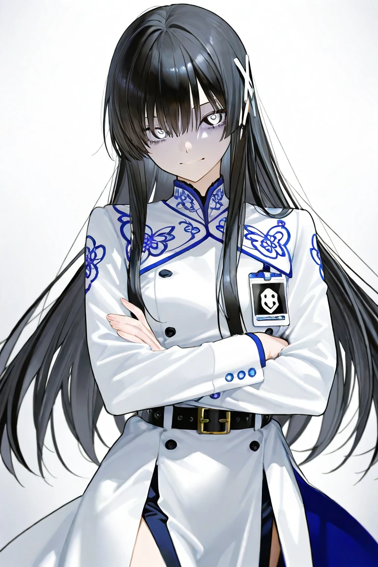 standing, from front, cowboy shot,one girl, Black hair, long hair, straight hair,Blue eyes, white skin, Uneasiness, teenager, high school girl, , jacket/blazer, slim, looking at viewer, white background