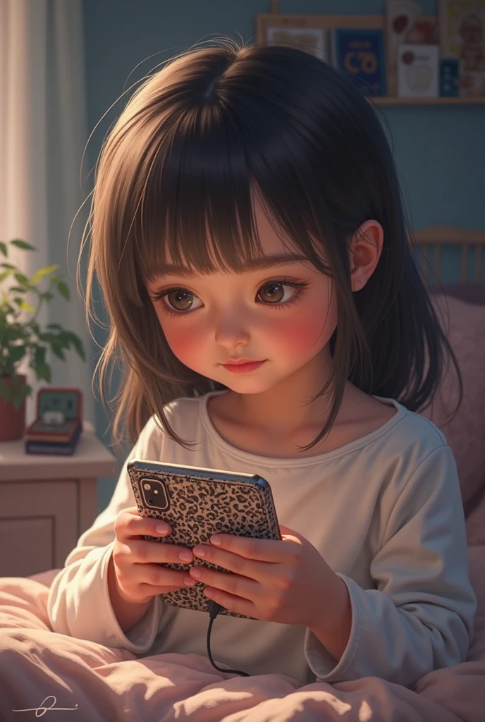 Create a picture of a 6-year-old child, Lying face down on a blanket on a lawn in a garden, while holding a phone in front of you. Seus cabelos loiros brilham sob o sol, and his blue eyes are fixed on the screen with a magical intensity. Her calm expression suggests that she is immersed in an enchanting virtual world, as if a virtual bird song was playing just for her.