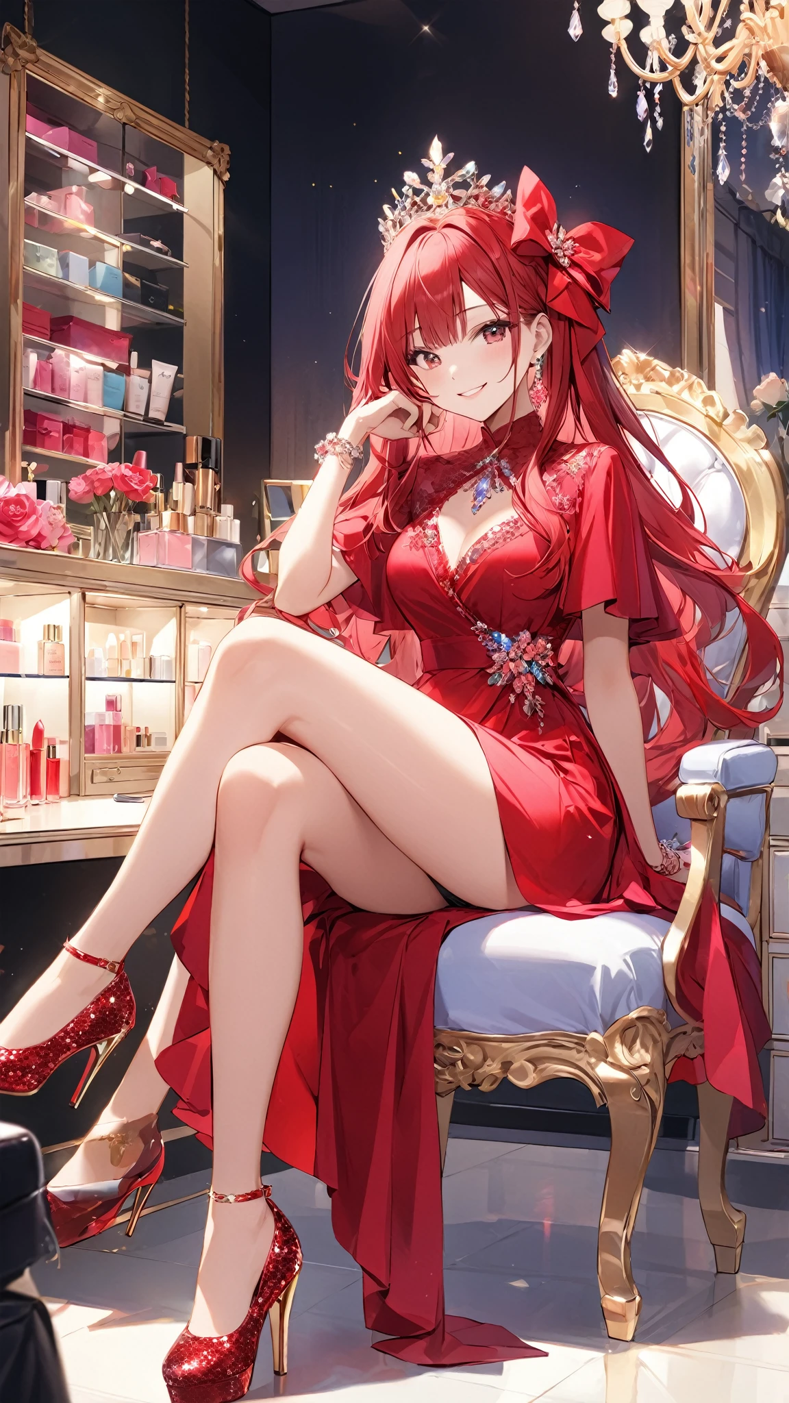 (masterpiece:1.3), best quality, official art, magazine cover, ultra detailed, 1girl, 1980s \(style\), elegant dress, living room, gorgeous, sitting on dar red sofa, long brown curly hair, blue eyes, glasses, jewelry, Adult Only, Erotic Illustration, (art by Kanon Yoshizaki)