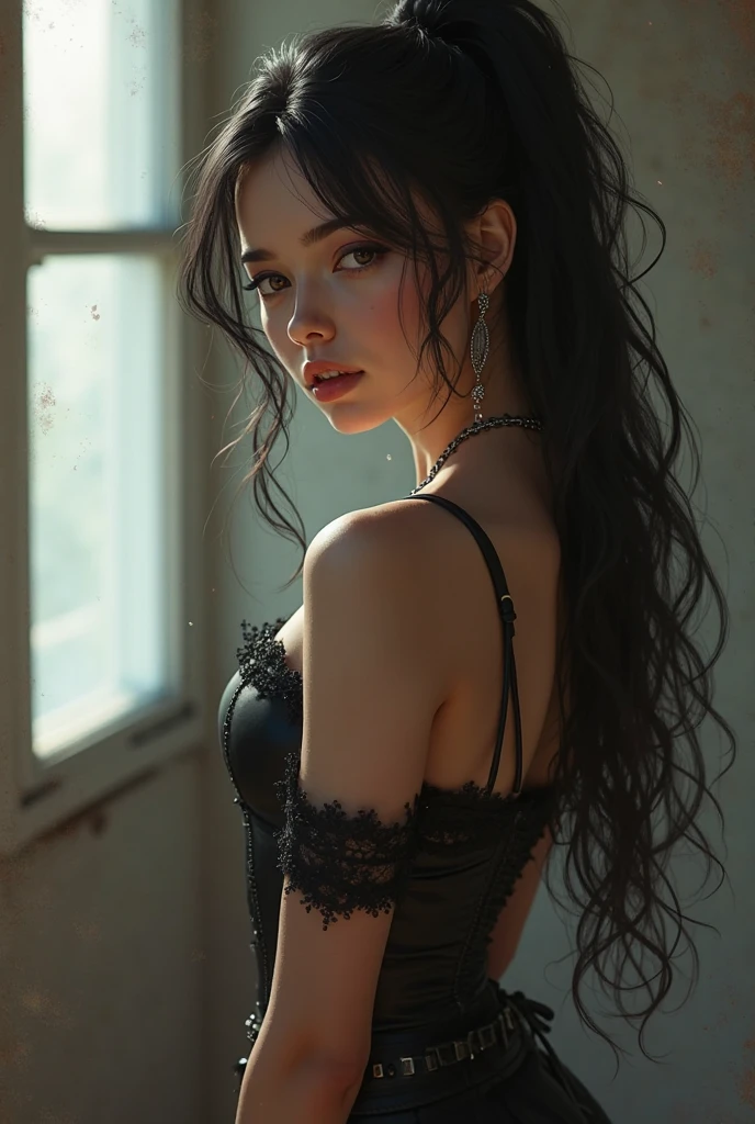 a close up of a woman with long hair wearing a black dress, portrait sophie mudd, anna nikonova aka newmilky, charli bowater, looking off to the side, seductive lady, lorde, sexy girl with dark brown hair, very pretty model, 2 4 year old female model, looking to the side, cynthwave, hailee steinfeld