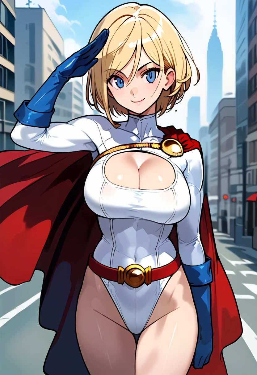power girl, lips,smile, cleavage cutout, center opening, belt, blonde hair, blue eyes, cape, cleavage, blue gloves, highleg, white leotard, short hair, 1girl, full body, masterpiece, best quality,