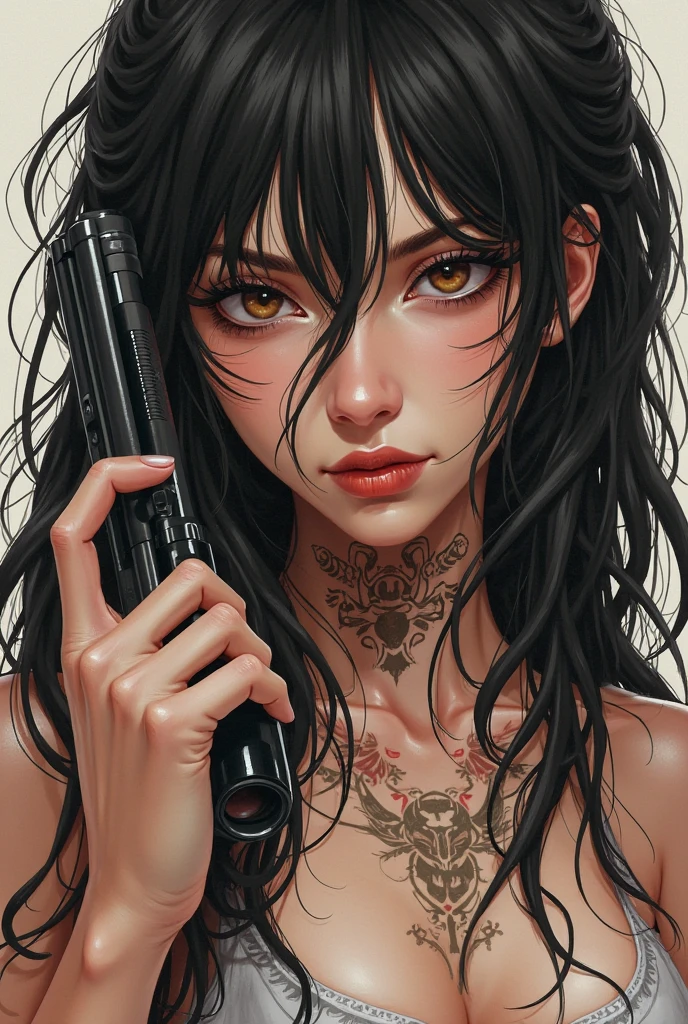 Anime girl, with brown skin tone, big boobs, brown eyes, small eyes, wavy black hair, and a small tattoo of koi fish make it cooler. DO NOT MAKE HER WEAR A BRA, just sleeveless. FIERCE LOOK and she should have a gun in her back. 