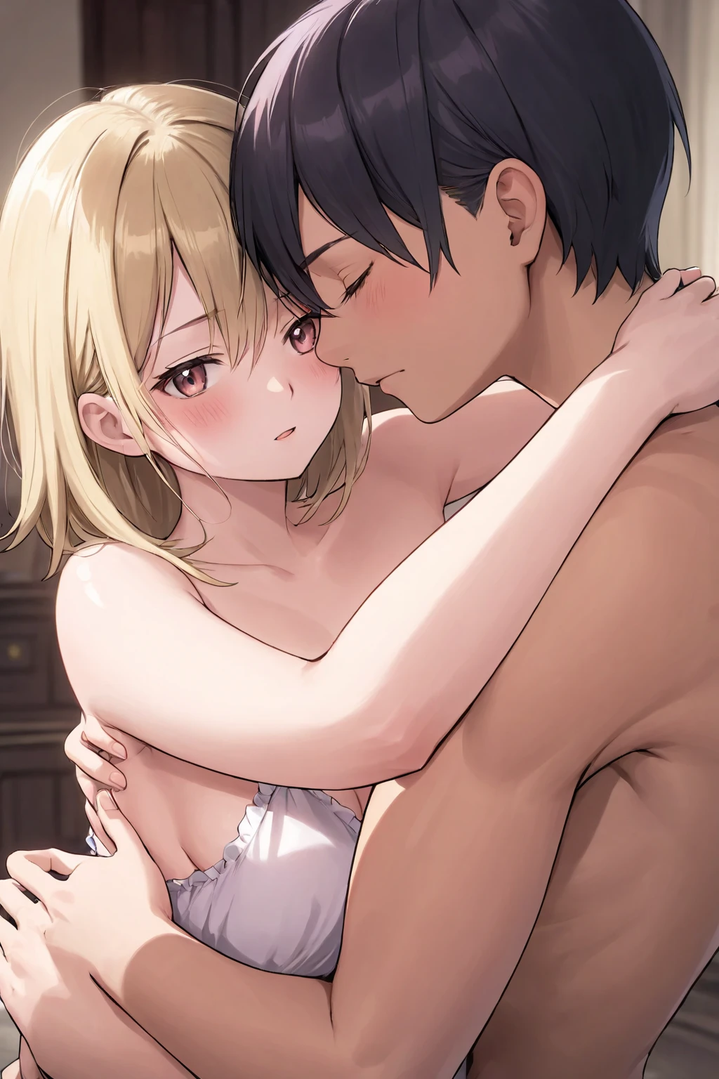 source_anime, rating_explicit, score_9, score_8_up, score_7_up, 1boy, twink, femboy, portrait, indoors, medium length hair, brown skinned male, hair over eyes, ((brown skin)), browm boy, boy, messy hair, ikuchan, black hair, masterpiece, high-quality, BREAK, 1girl, female, white skinned, light skinned male, dominant light skinned female, kissing, femdom, large white female, ((size difference)), lumine, genshin impact, duo, Heterosexual