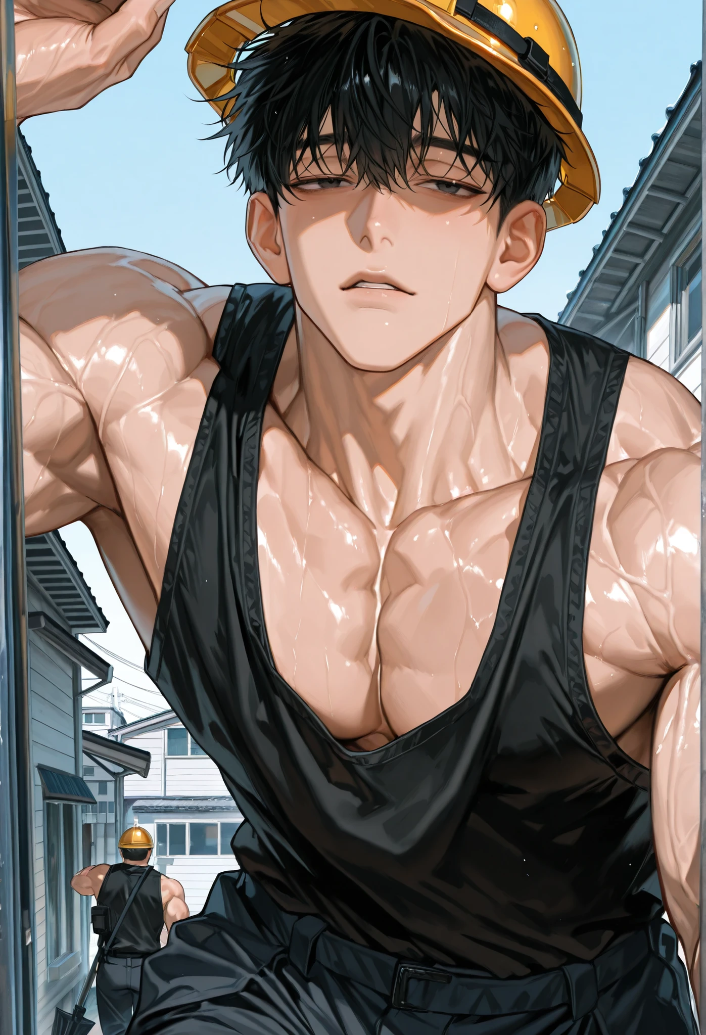 8k, beautiful masterpiece, 1 man, Handsome male, 32 years old, black hair, bangs, black eyes, sharp gaze, half-closed eyes, light skin, sharp build, cold expression, 188cm, muscle, pectoral muscles, wearing black tank top, wearing janitor's pants, wearing hard hat, good body, hanging from a tall building. Cleaning windows. close, face close-up