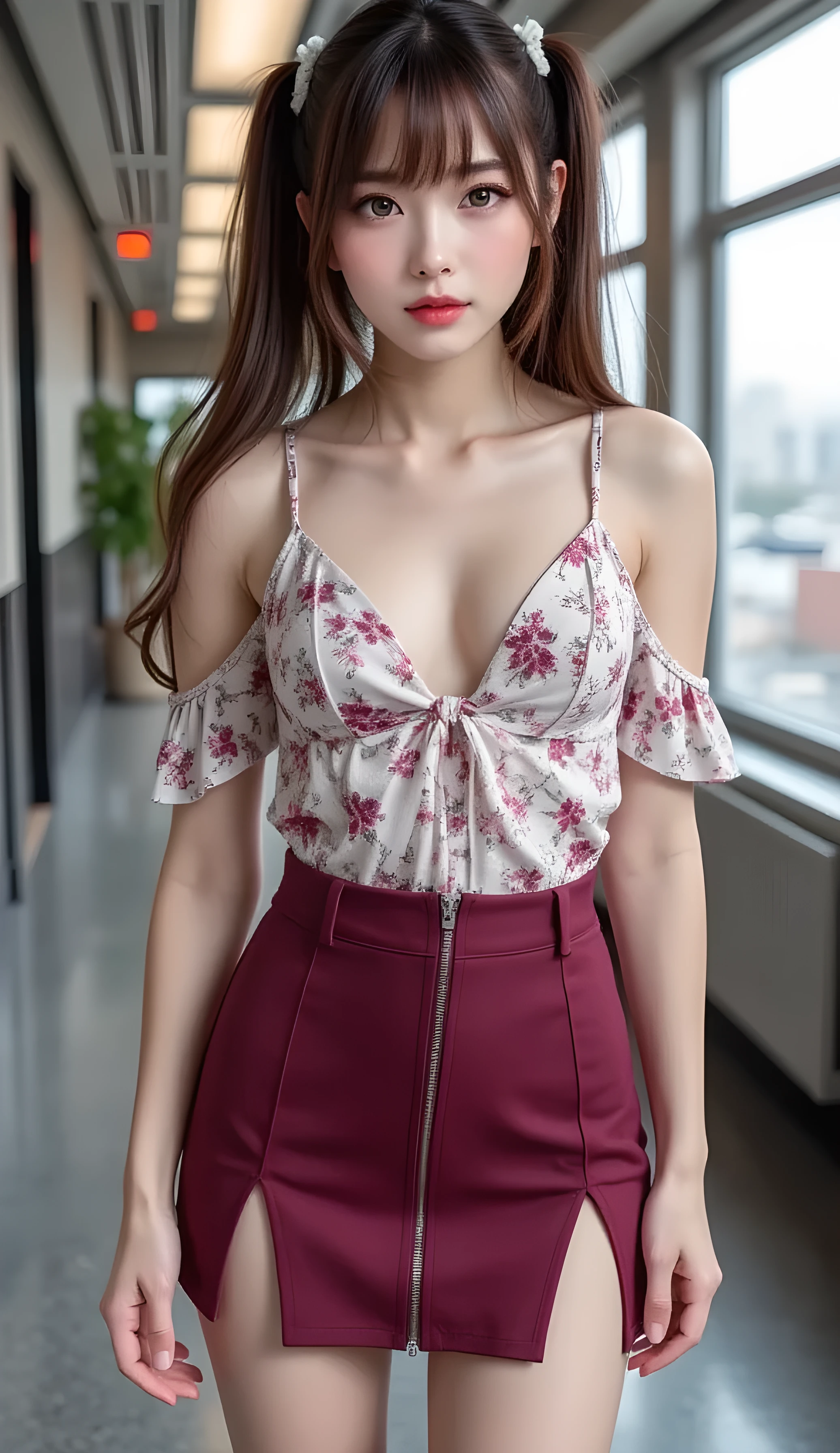 Super Detaileded、 masterpiece、top quality、 超high resolution 、8k、 high resolution 、live-action、Photographic Clarity、 Detailed eyes、 Gradient、 Perfect Body Proportions , hard disk、nfsw , Nikon Z9 80mm Lens 、 masterpiece、 Beautiful female teacher, knees20tight burgundy miniskirt and big thigh slits、with a zipper on the front、20 years old、 Walk down the hallway 、(( White floral dress with open shoulders )), young and beautiful girl, perfect body type, perfect body type, Full POV, perfect body, (from:1.3), ( Sexy Poses),(Smile)(Wearing pantyhose, realistic pantyhose)、( beautiful breasts:1.0), Long Sexy Legs , (Gap:1.5), cute korean girl , kpop idol,( white skin on the streetcar), ( big eyes)、 Super Detailed , realistic skin texture, precise makeup, beautiful detail eye, Makeup - Make Up 、sparkling eyes、 shiny lips、 high heels、( office lady),(the skyscraper outside the window is hazy),(( erections))