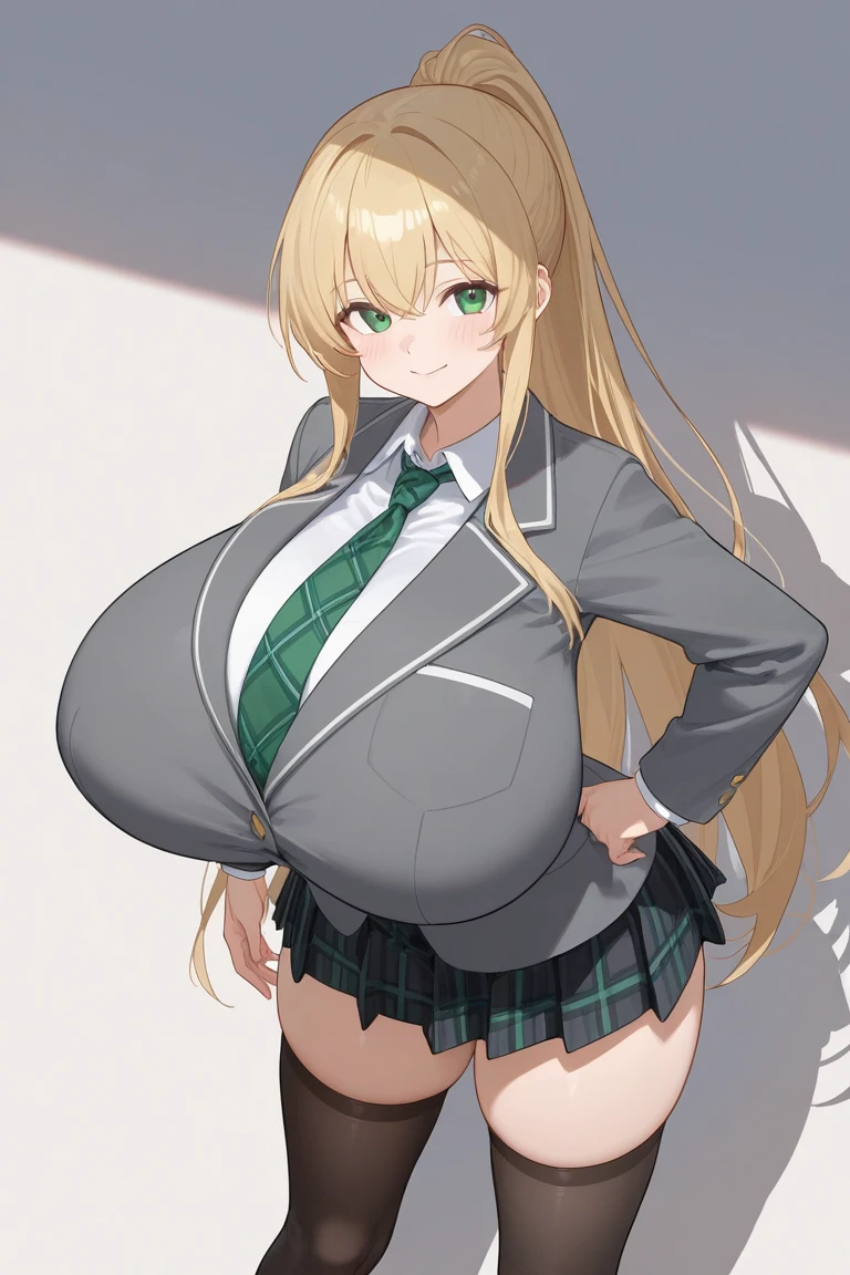 masterpiece, highest quality, High resolution, 1 girl, alone, long hair, blonde hair, double good, drill hair, brown eyes, , green bow tie, white shirt, sweater vest, yellow vest, short sleeve, plaid skirt, green skirt, Are standing,from below,outdoor,(huge breast:1.2),(round breast:1.4),cleavage,(thin waist:1.4),slender,(narrow waist:1.6),(thin waist:1.4),toned stomach,((shirt lift)),(show off bra),(troubled face),((black bra)),red bra