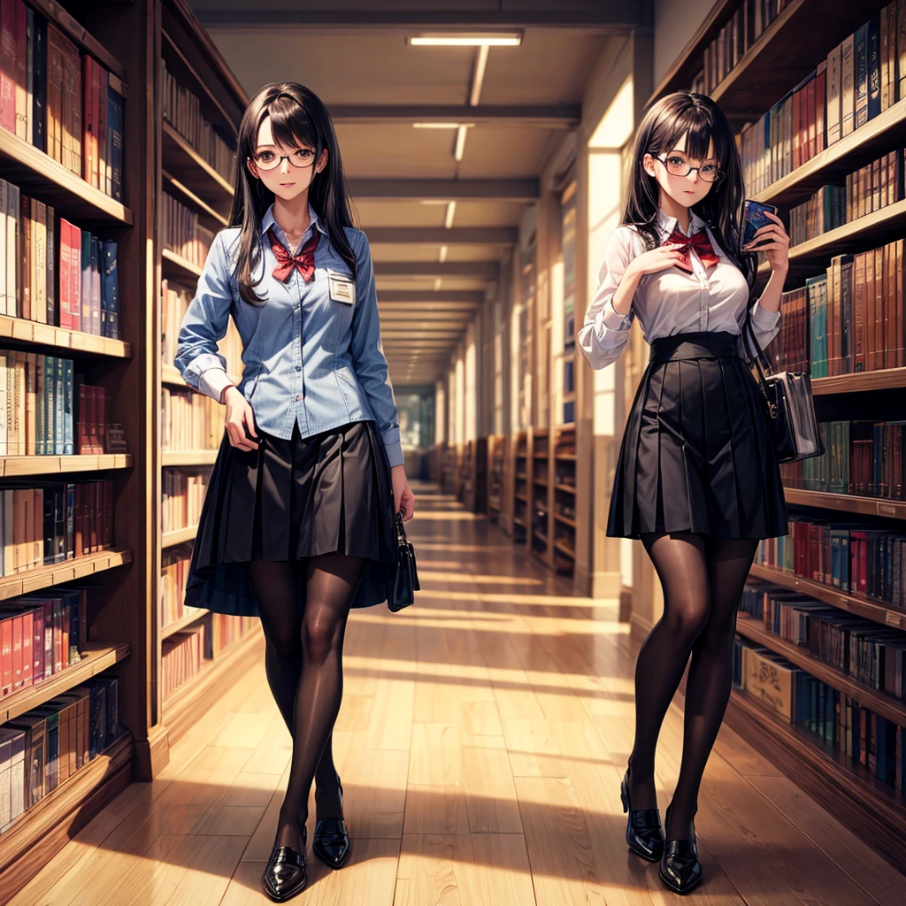 Best Quality, Master piece, mini skirt, stockings, glasses