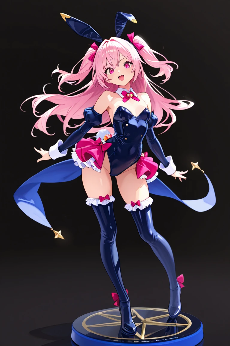 female, blue messy long hair, hazel eyes, dark skin, (((1girl))), (((blue and black minidress with pink trim))), (blue fingerless gloves), (black thigh high heeled boots), cute and sexy, full body, modest breasts, long legs, smirking