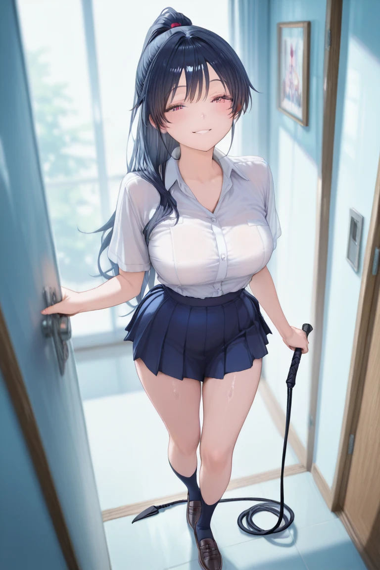 (high quality)、(high resolution)、Professional Lighting、Thin and beautiful legs、Narrow waist、(Big Breasts)、Erect nipples、Smiling and ecstatic expression、whole body、Sleeveless buttoned and collared white shirt、Navy blue pleated skirt、sofa、Navy blue blazer high