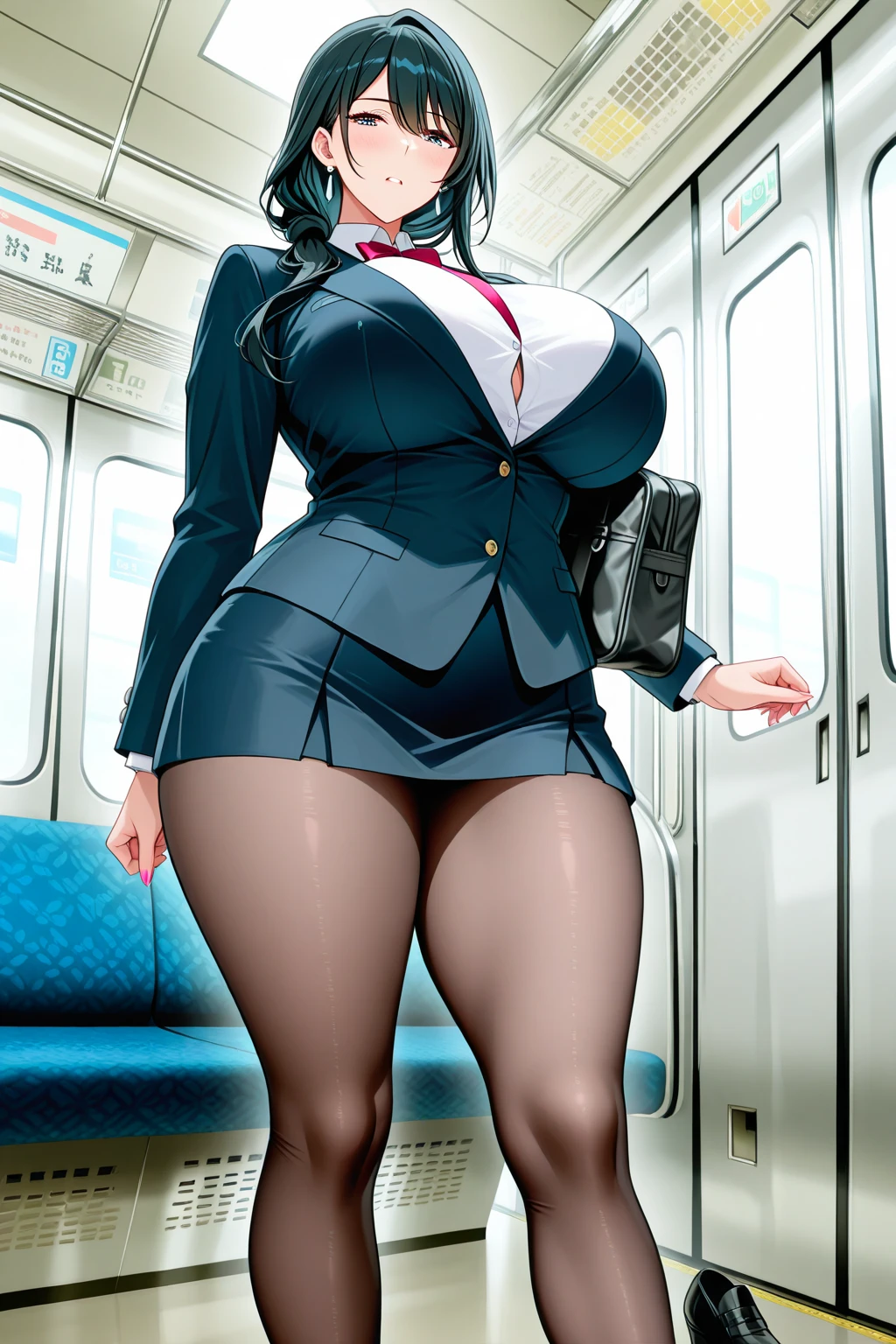 absurdo, Contenido , 8k, High resolution, Ultra detallado, papel tapiz, Perfect lighting, Sombras perfectas, Hermosos ojos, Obra maestra, La mejor calidad, mujer con cuerpo voluptuoso, cara avergonzada, pechoses, muslos enormes, Uniforme escolar, She stops on a train and a man hugs her from behind, pelo blanco corto, Ojos azul claro, ojos detallados, Medias hasta el muslo, Rostro de mujer detallado