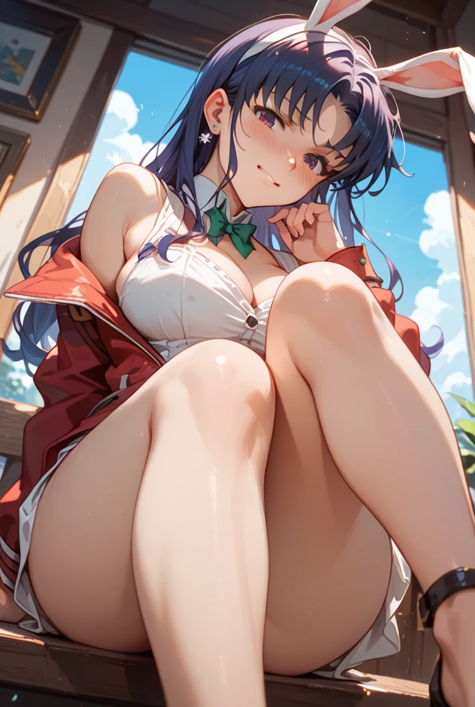 Stema Peace、hanekawa tsubasa、attack of glasses、A dark-haired、large boob、 (Black hair, Brown eyes, Round face),With ribbon, (nose blush, half opened eye),, [Full body shot]、eye glass、Head-to-toe shots、A dark-haired、Dressed as Santa Claus、Crouching down in a back alley at night、