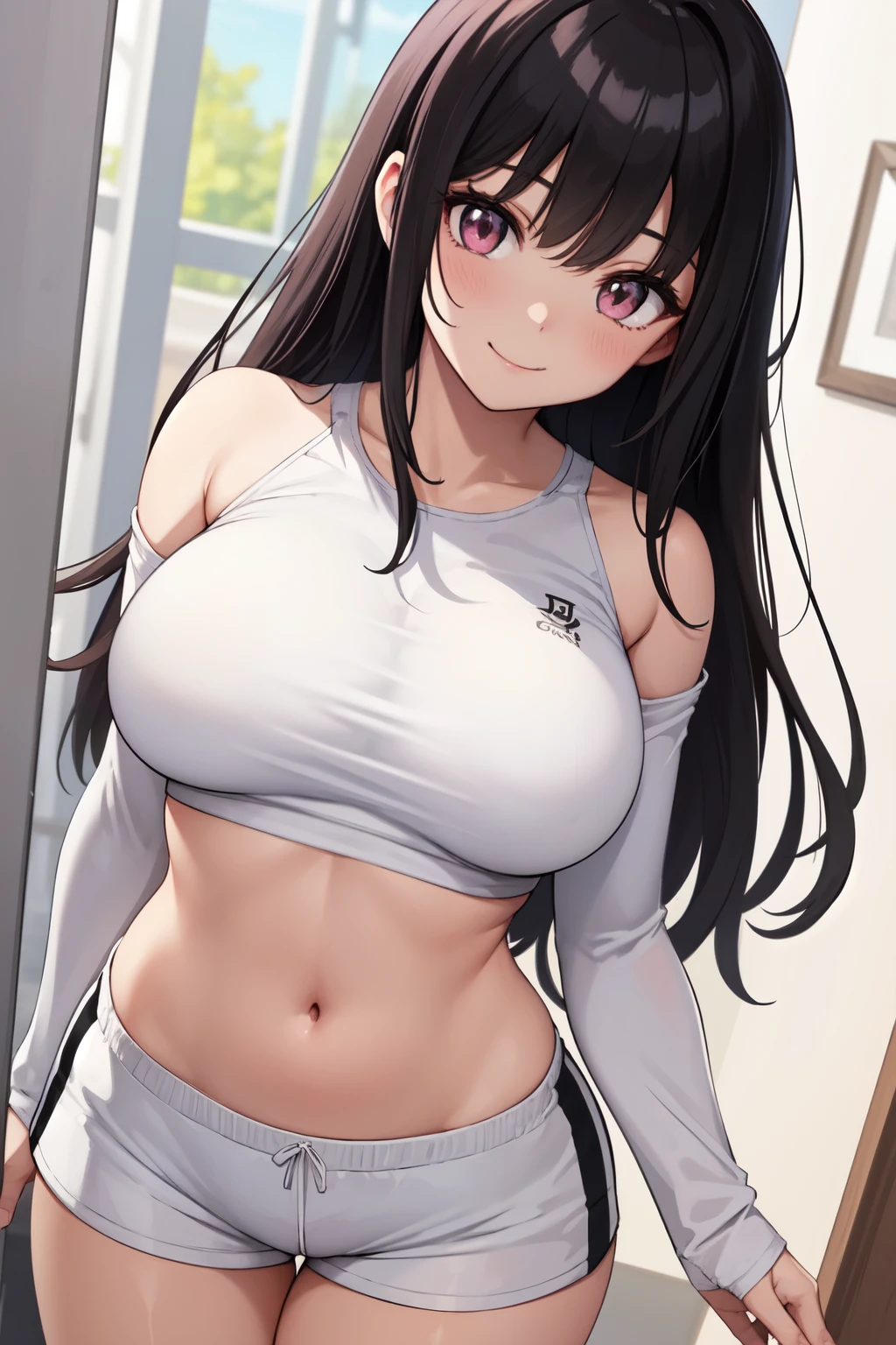 score_9, score_8_up, score_7_up, 1girl, asian girl, korean girl, beautiful face, blunt bangs, black hair, long hair, black eyes, posing sexy, medium breasts, thick thighs, wide hips, open hoodie, pink hoodie, crop top, yoga pants, cowboy shot, looking at viewer, low angle, background room, cabin, cabin room, neon lights.