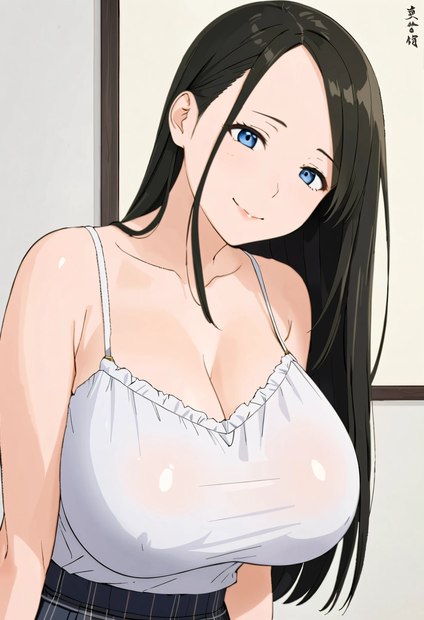 (超 high resolution, VERY DETAILED PICTURES, 8k, high resolution, absurd:1.2), Japanese woman, (black hair long, straight hair), beautiful character design, perfect contrast, perfect resettlement , anatomically accurate, perfect face, Beautiful and delicate eyes, expressive eyes, blue eyes, Smile, (blouse:1.5, Skirt), (large breasts), cowboy shot