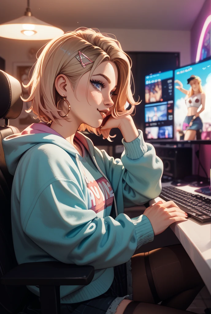 sexy female, hair, (headphones on head:0.9) cleavage, sweater, sitting at desk, working, ((bedroom)),realistic, 8k, highest quality, detailed, futuristic,Apple laptop, (lying on bed:1.2)